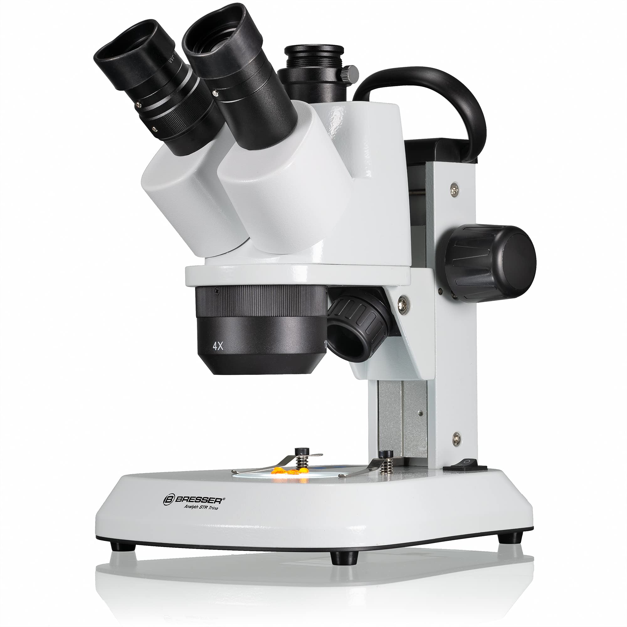 Bresser trinokulares Stereomikroskop Analyth STR Trino 10x - 40x mit getrennt dimmbarem LED-Auf- und Durchlicht und Tragegriff für mobilen Einsatz & Full HD Mikroskop Teleskop Kamera USB 2.0