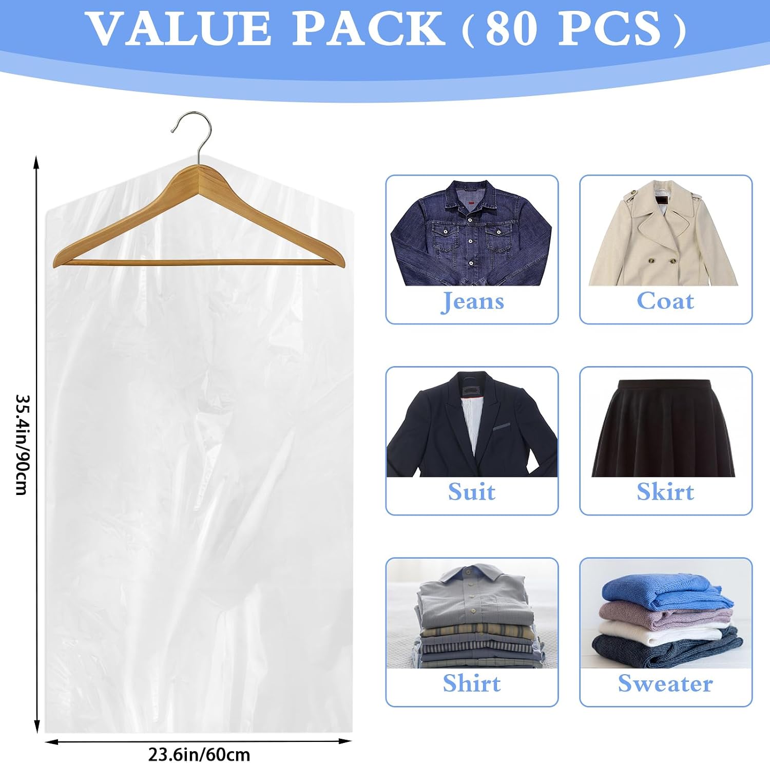 80 Pack Clear Plastic Garment Bags, 35.4 Inch