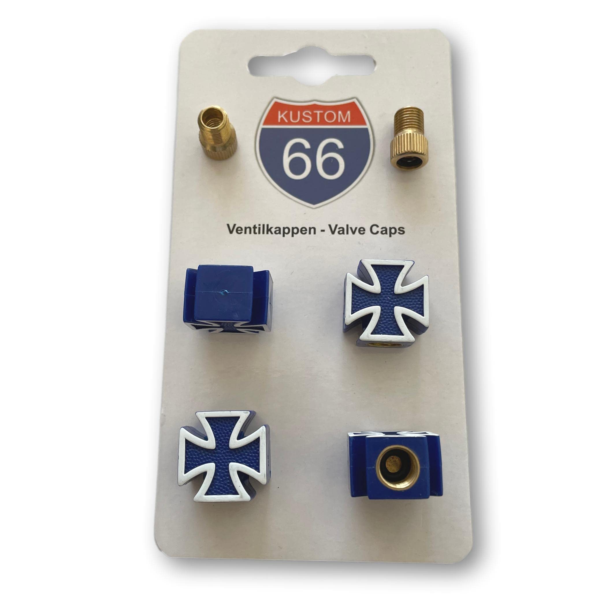 Set of 4 Valve Caps + 2 Bicycle Adapters - Iron Cross Blue - Suitable for Any Car, Motorcycle and Bicycle