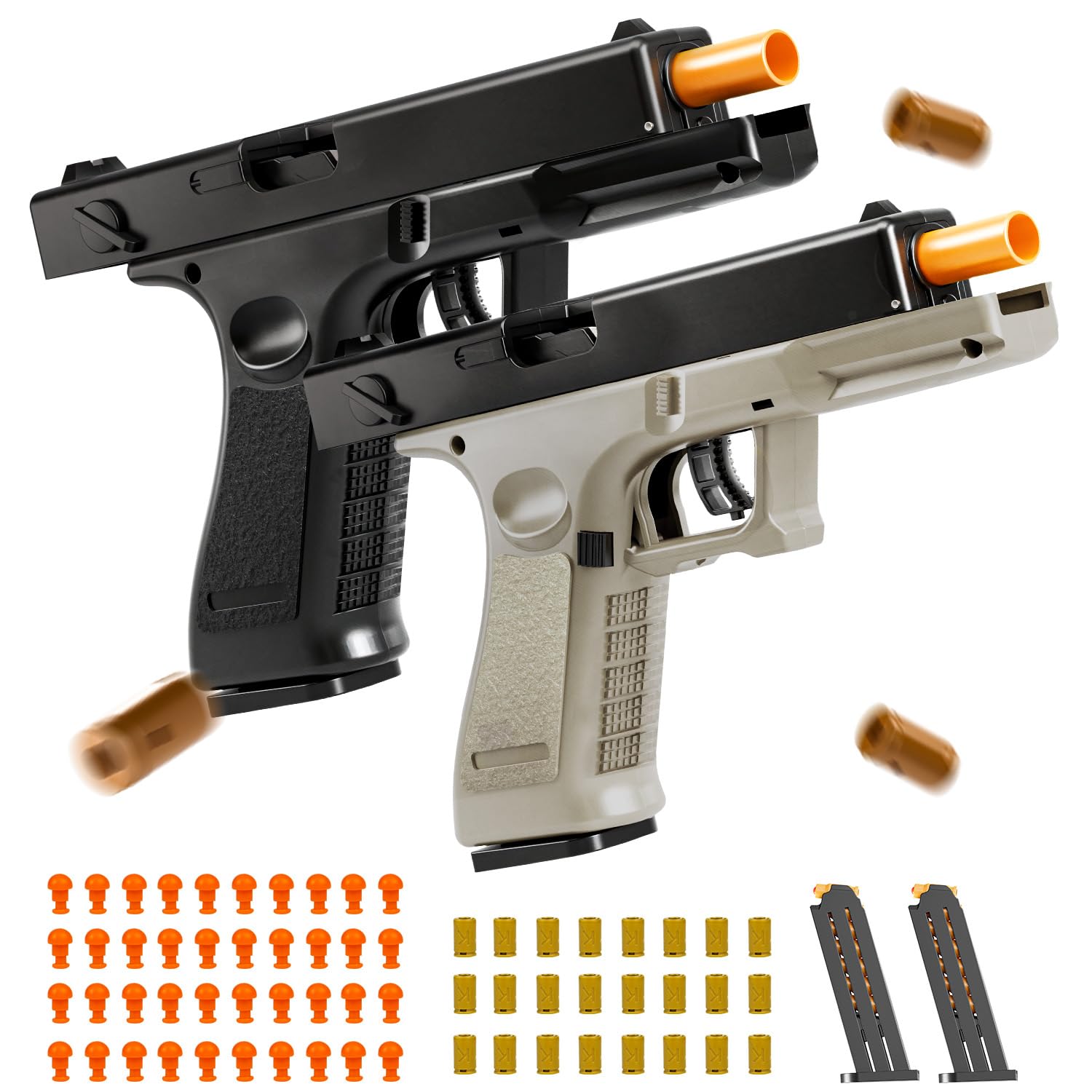 2Pack Soft Bullet Toys Gun - Semi-Automatic Handgun with Shell Ejection and Auto Rebound, Outdoor Game Toy Foam Blasters & Guns for Boys Girls Halloween Christmas Birthday Gifts (Black+Brown)