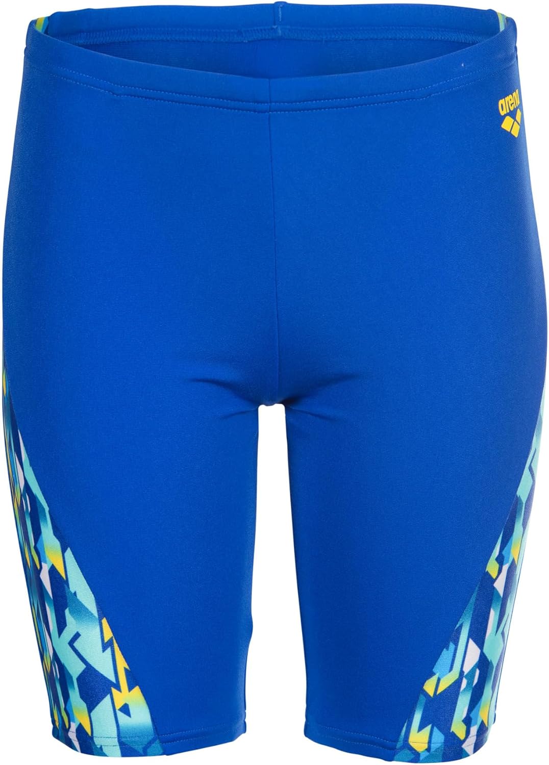 ARENA Performance Boys' Junior Print Swim Jammer Youth Trunks Internal Drawstring Training Bathing Suit Regular Frequent Competitive Swimmer, Neon Blue/Yellow Multi, US Size 8-10 Jr/26