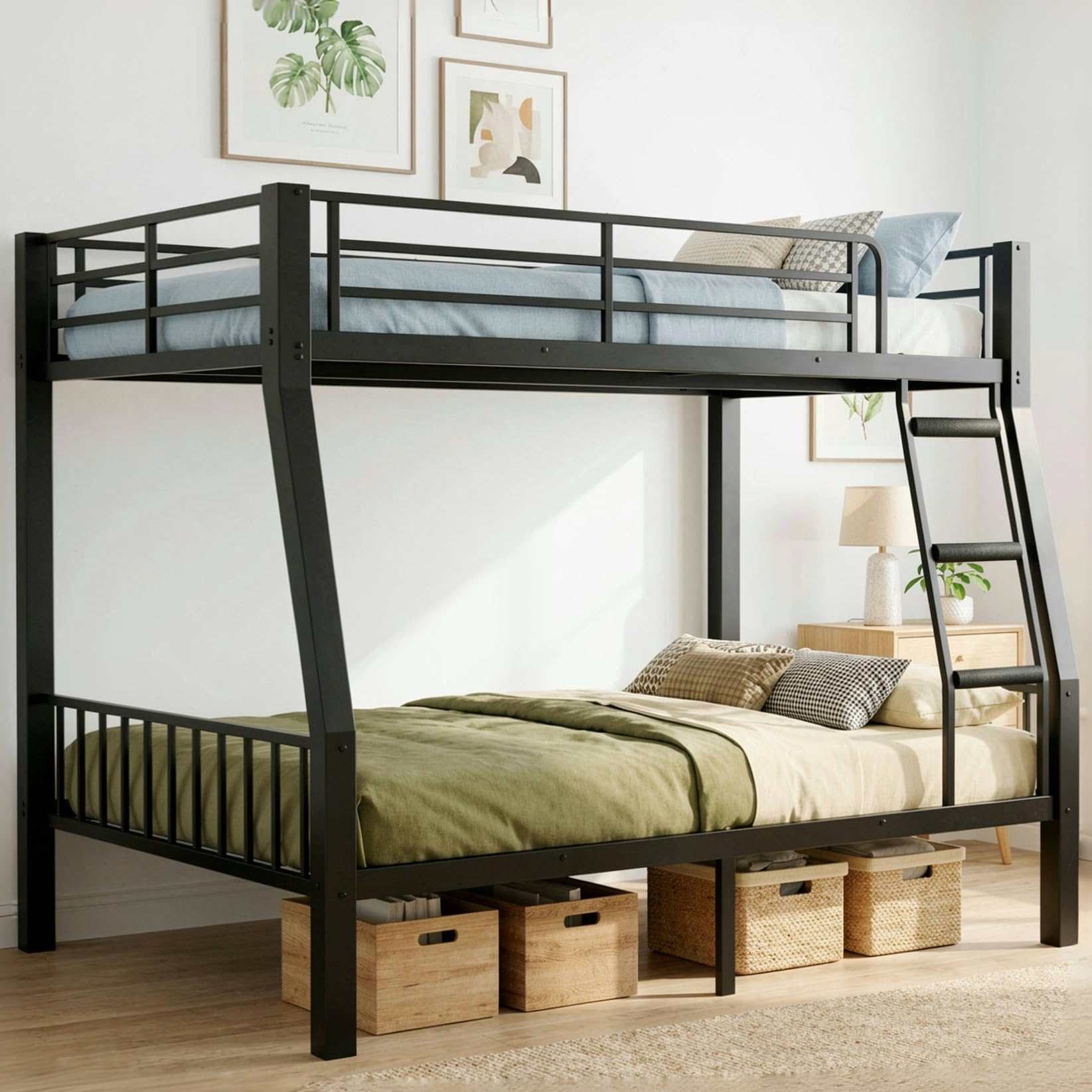 Mixcous Full XL Over Queen Bunk Bed for Adults, Heavy Duty Metal Bed Frame with Full-Length Guardrails & Anti-Slip Ladder, Noise-Free, No Box Spring