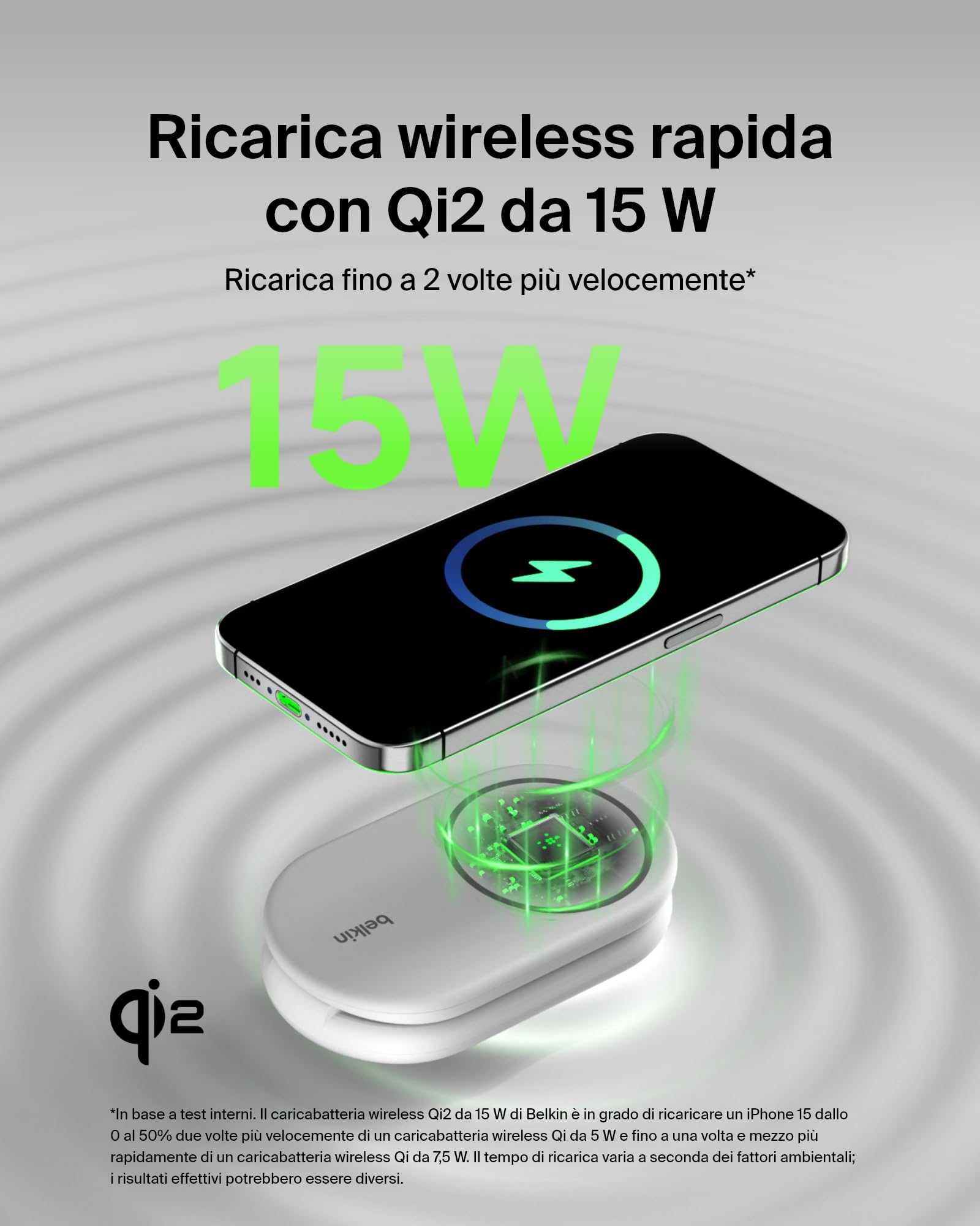 Belkin BoostCharge Caricabatteria magnetico pieghevole 2 in 1 con Qi2 15 W, caricatore wireless MagSafe, ricarica rapida per Apple iPhone 15/14/13/12, base antiscivolo, alimentatore incluso, bianco
