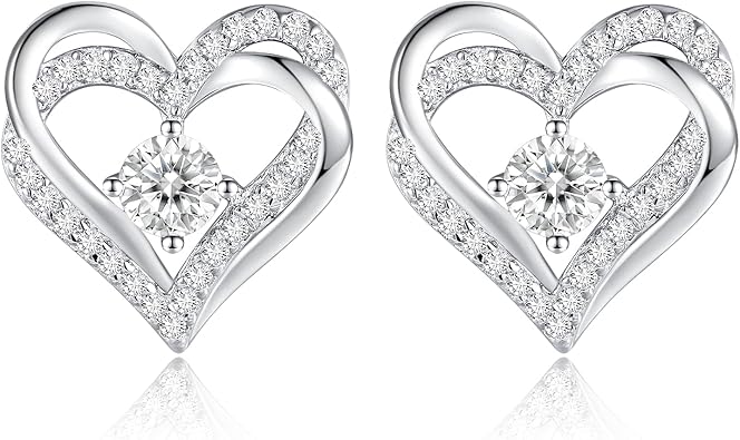 CDE Forever Love Heart Stud Earrings for Women Birthstone Double Heart Stud Earrings With 5A CZ Christmas Day Anniversary Birthday Jewelry Gifts for Women Wife Her