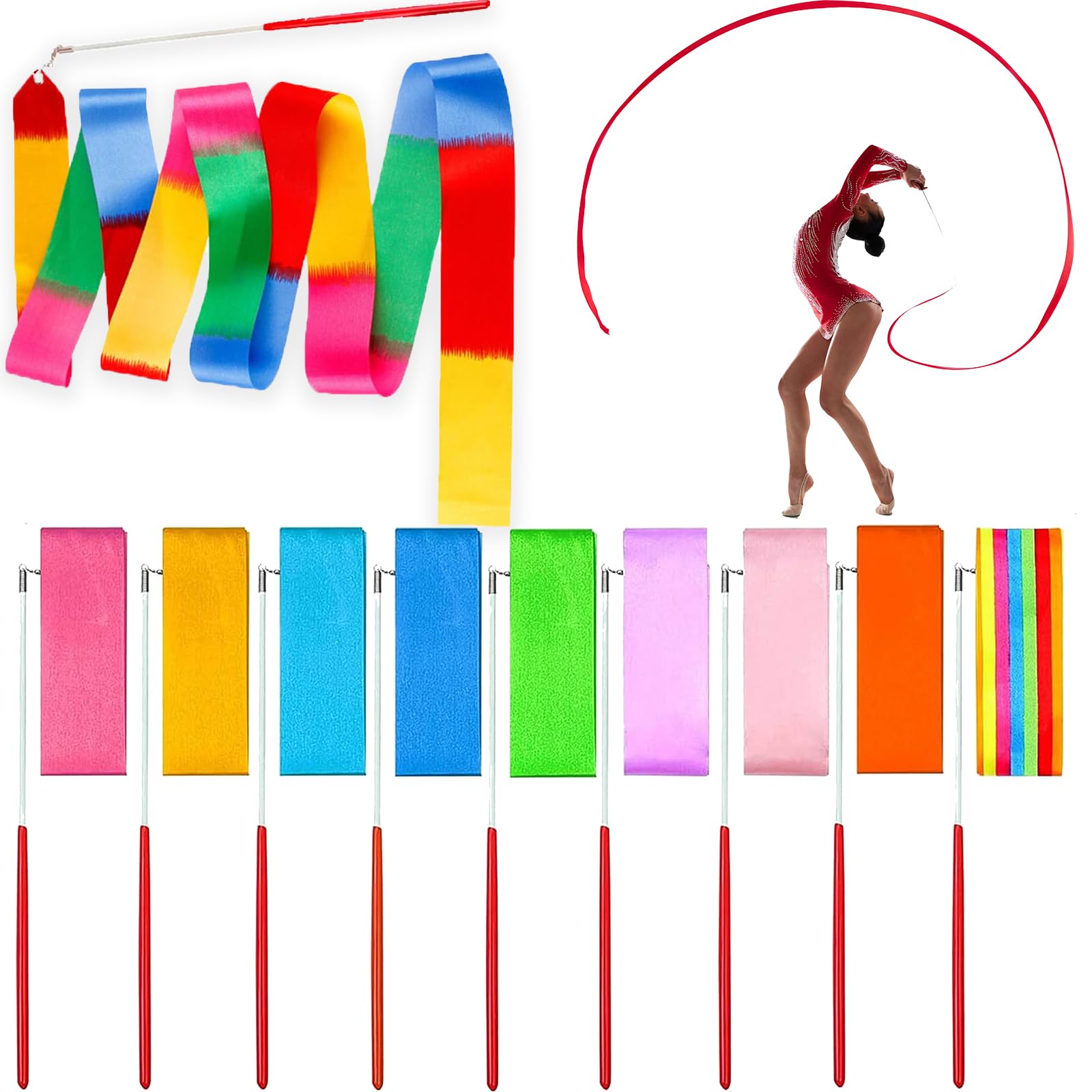 Nastro Ginnastica Ritmica, Nastri da Ballo, 10 Pezzi Nastri di Ballo 2M Bacchette per Bambini per Balli Artistici Danza Baton Twirling, per Ginnastica Ritmica Sportiva, Circo, Competizioni