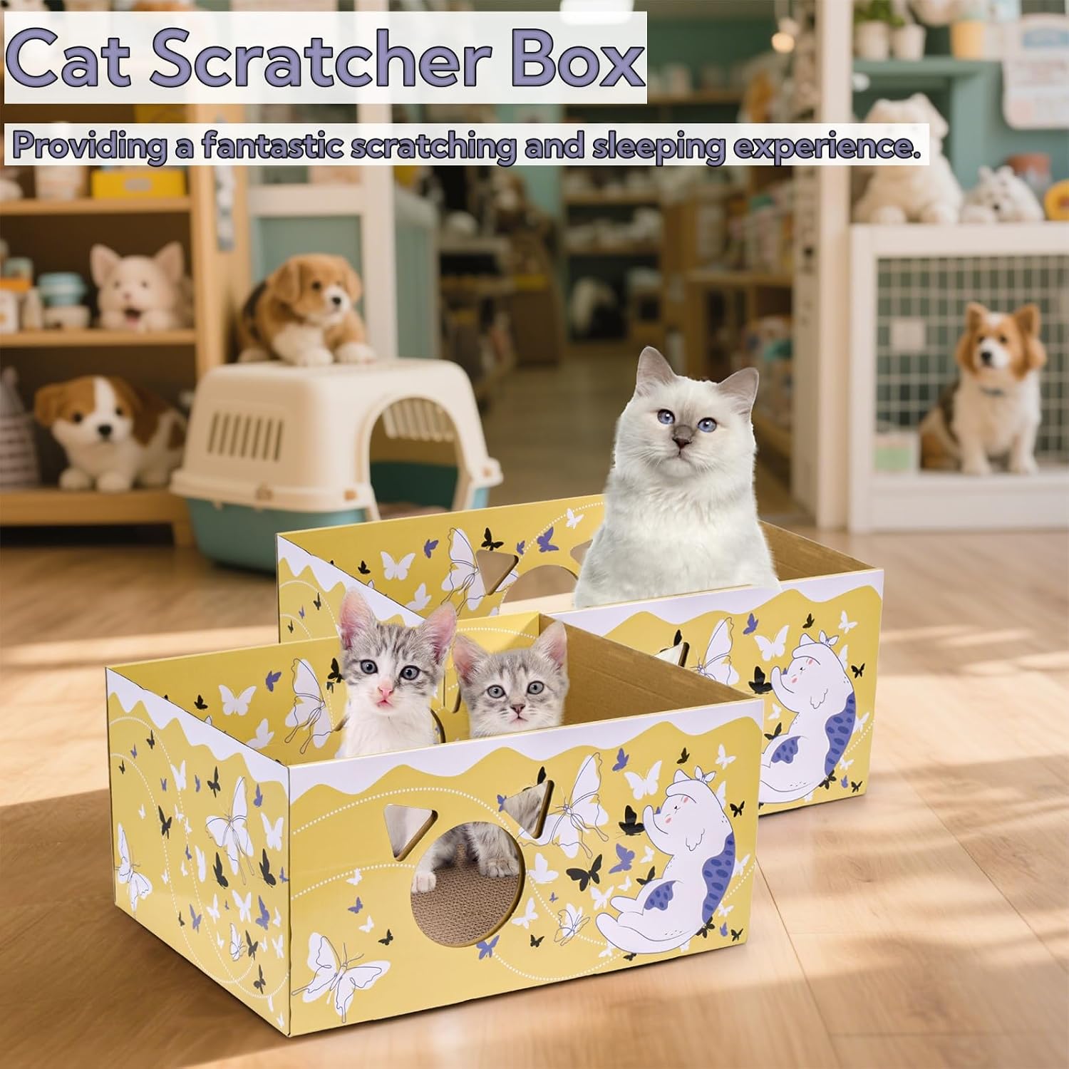 Tlence 2 Pack Cardboard Cat Scratcher Box, Butterfly Pattern Cat Hideaway House with Double-Sided Scratch Pads, 16.5 Inch Heavy Duty Large Cat Bed Lounger for Indoor Cats