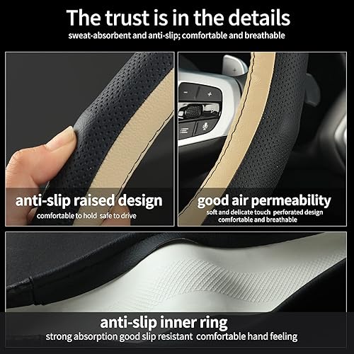 Miniatura 4 de Funda de cuero para volante de automóvil, segura, suave, transpirable, resistente, antideslizante, para automóvil, SUV, Jeep, negro y beige