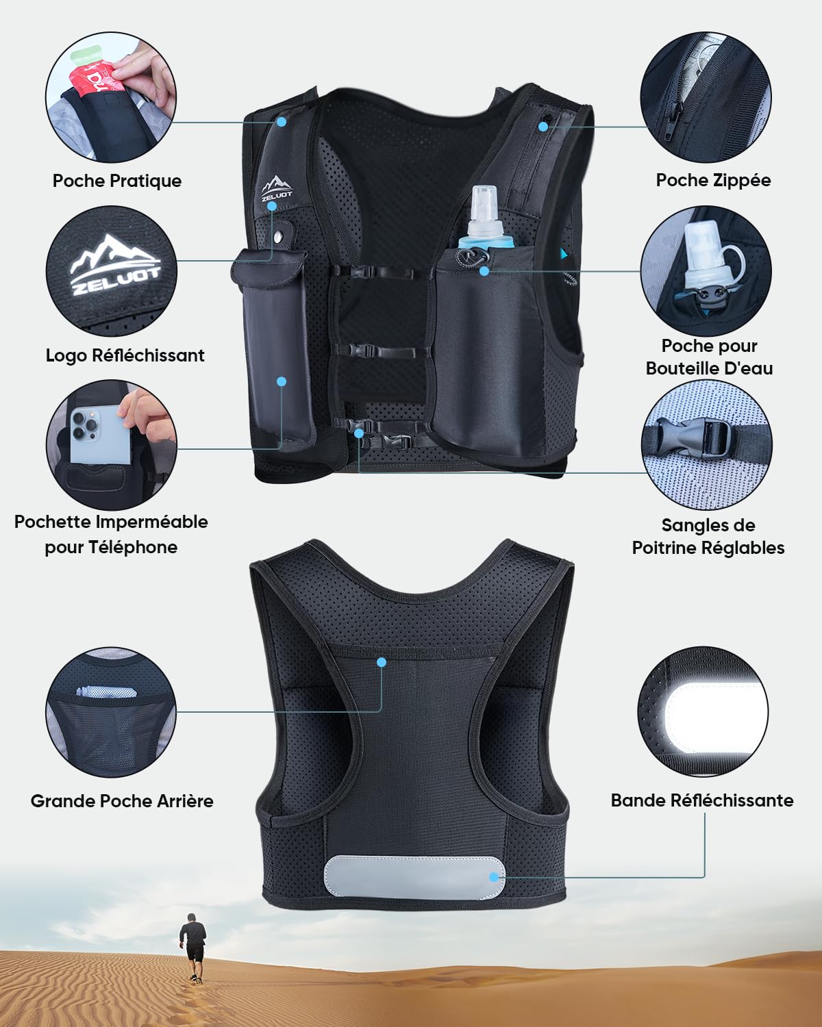 Zelvot Gilet Hydratation Running Femme et Homme, Brevet Original, Bretelles de Poitrine Réglables, Gilet Running avec Bouteille d'eau de 500 ML, Léger et Réfléchissant Gilet de Course