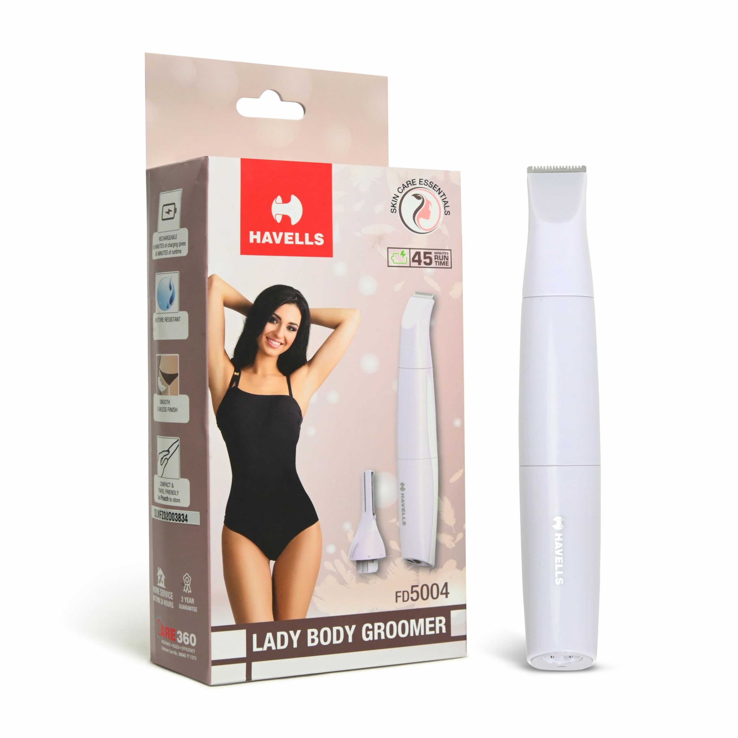 Havells 4-In-1 Lady Body Groomer | Bikini & Eyebrow Trimmer With Protective Combs | Recharegeable (Battery Powered) | Travel Friendly Pouch | 2 Years Guarantee | Stunning Purple | Fd5004 - Unisex-image-11