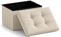 Ornavo Home Small Storage Ottoman Foldable Collapsible Rectangle Linen Ottoman Foot Rest Stool Seat, for Living Room, Bedroom, Home Office, Dorm - 12 x 16 x 12, Beige