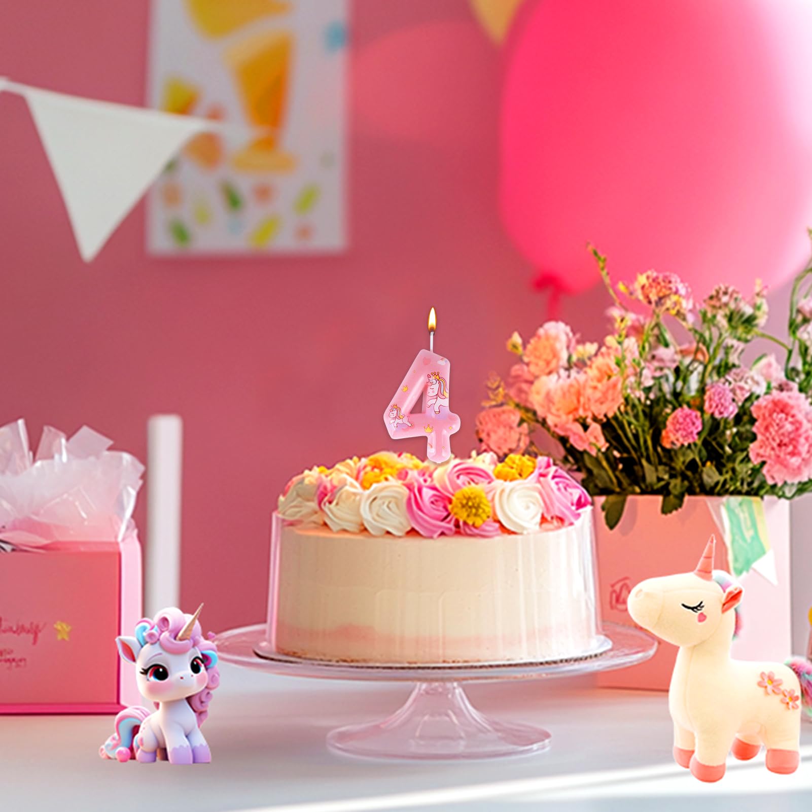 Unicorn Number 4 Birthday Candle - Pink Magical Cake Topper For Girls Parties