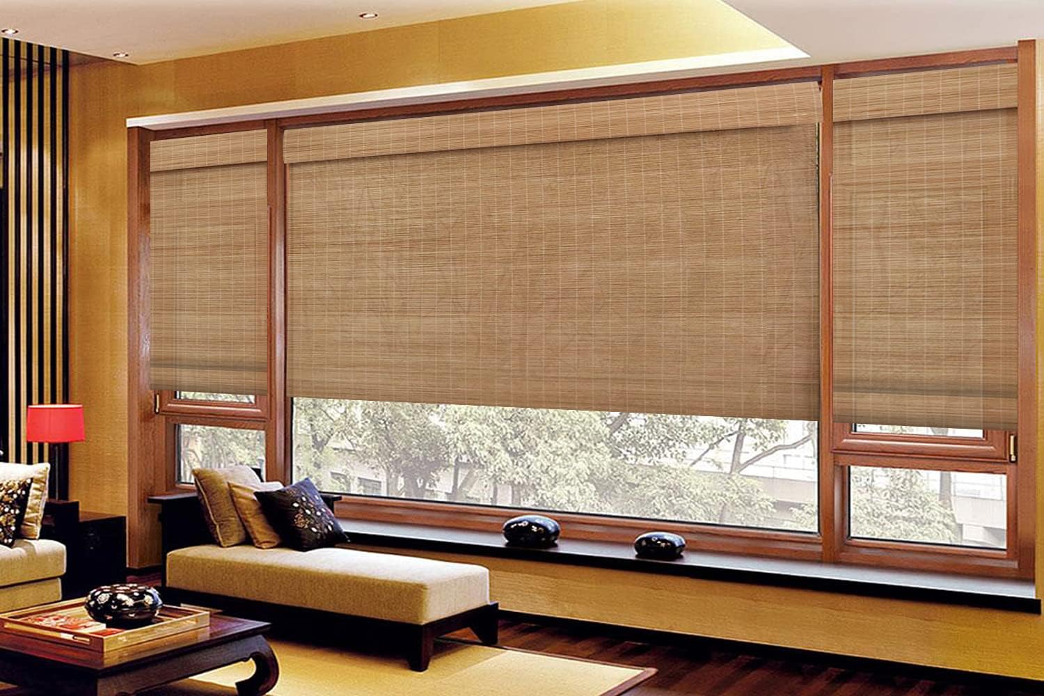 LETAU No Drill No Tools Wood Cordless Window Roman Shades, Bamboo Light Filtering Window Blinds Shades for Indoor Home, Kitchen, Office, Pattern 4