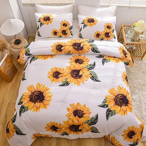 Miniatura 7 de NTBED Juego de edredón de girasoles tamaño Queen, edredón de microfibra de 3 piezas con estampado botánico amarillo floral para niñas y adolescentes