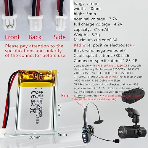 Miniatura 2 de Batería de 3.7 V 310 mAh 502030 para VXI BlueParrott B250-XT Auriculares Bluetooth Reemplazo de batería dashcam Nextbase Dash cam 402G 412GW 512G