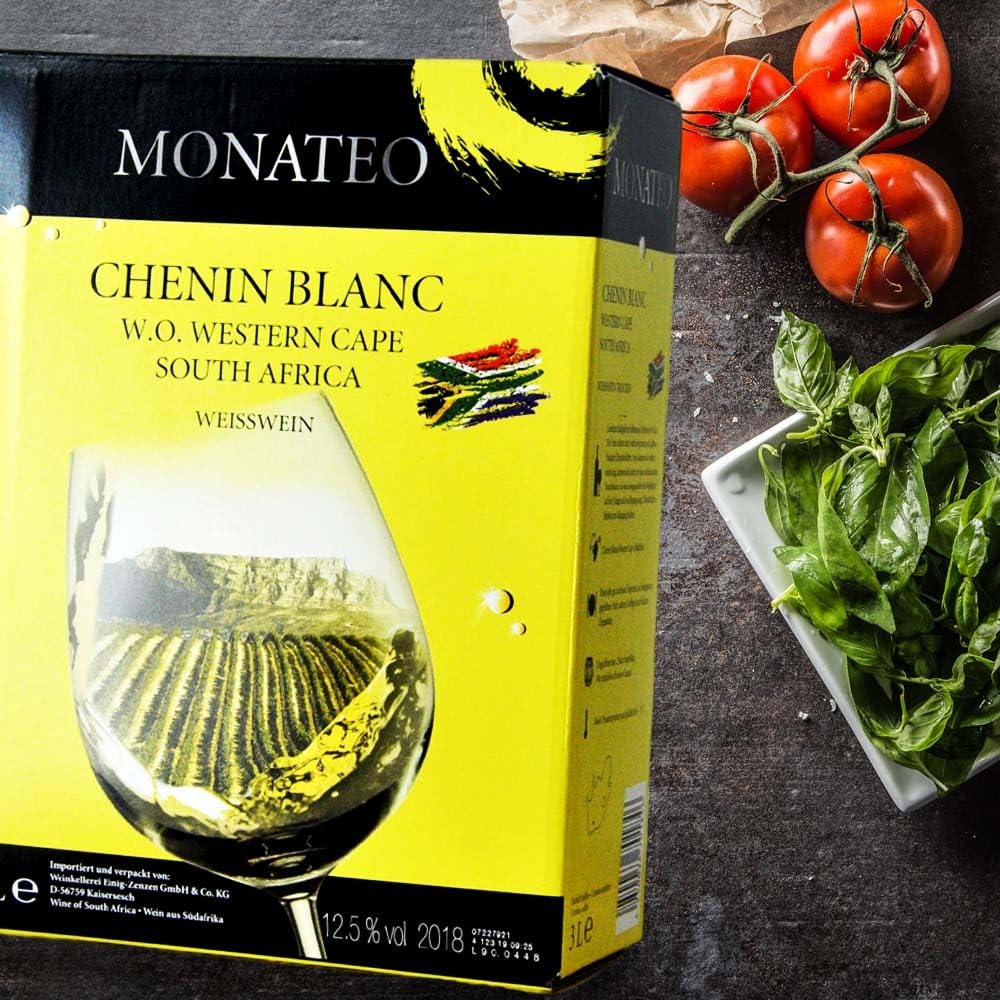 Monateo Chenin Blanc, trocken, Bag-in-Box, sortenreines Weinpaket + VINOX Winecards (4x3,0l)