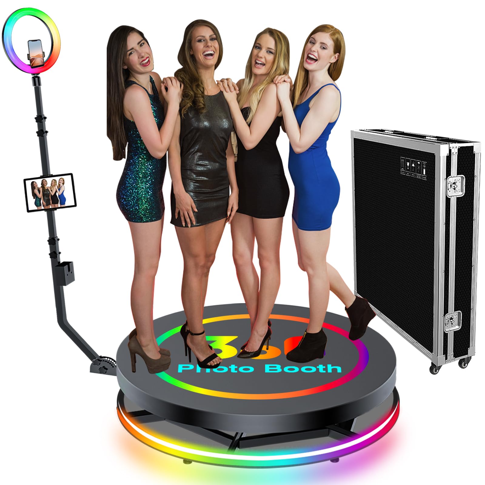 360 Photo Booth Machine with RGB Ring Light, 90cm 35.4 in for 4 People with Flight Case