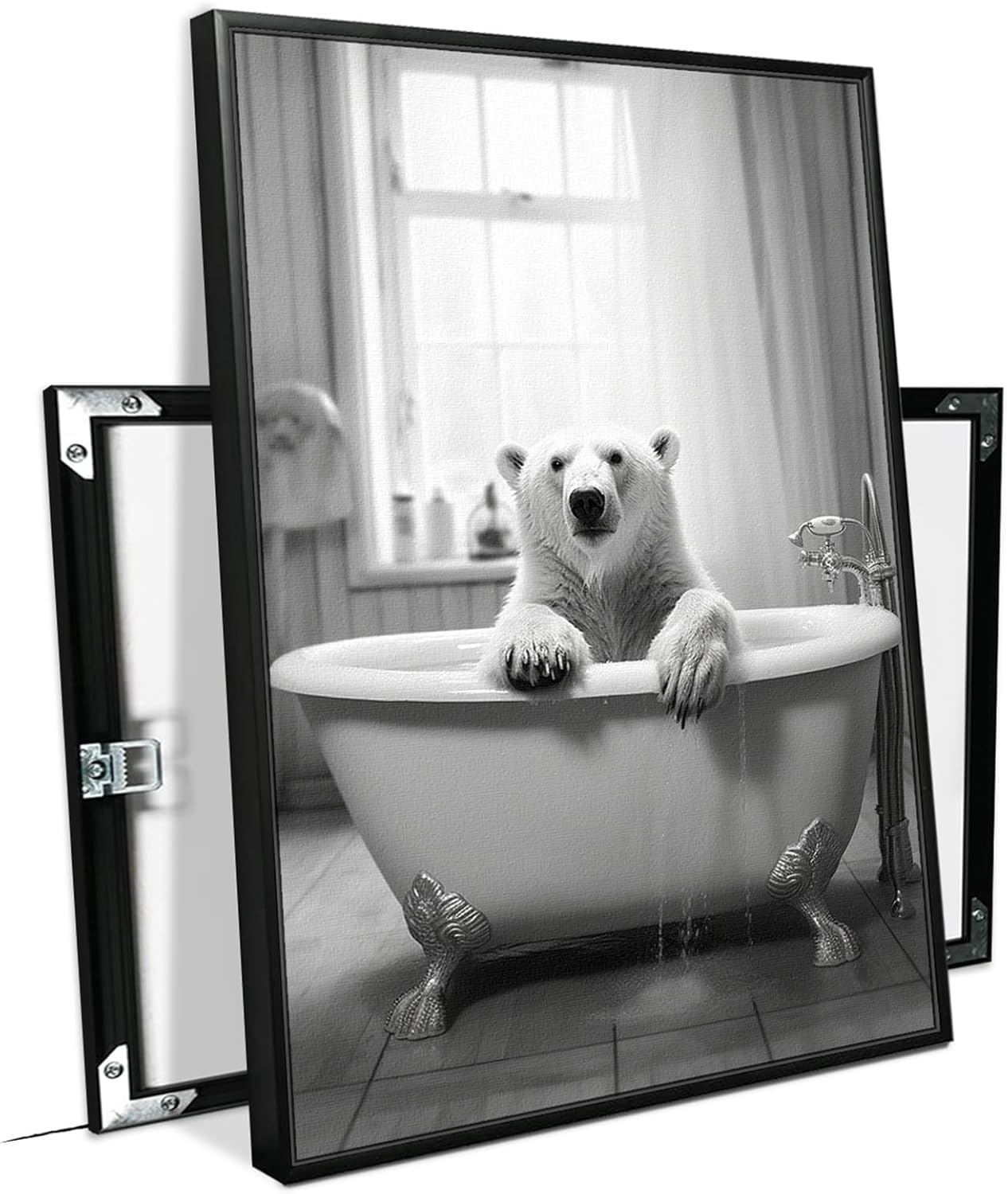 Funny Polar bear Bathroom Decor Wall Art King Size (Black Aluminum L36"xW24" Frame) Prints Painting , Vintage Black and White Rustic Style Cute Animals Canvas Art Poster for Restroom Decoration,