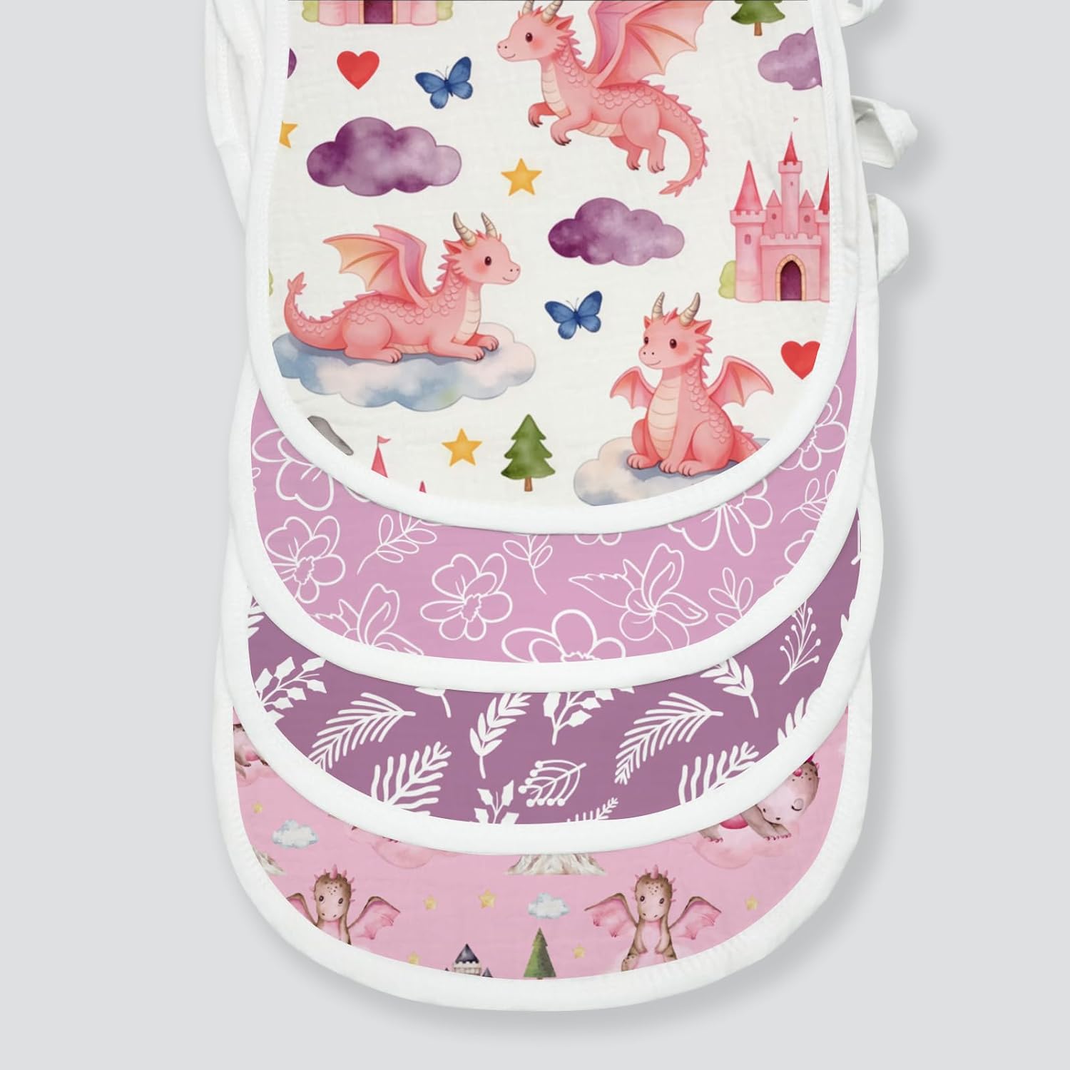 5 Pack Baby Burp Cloths, Soft Cotton Pink Dragon & Fairy Theme Burp Cloths, Super Absorbent Cute Mythical Creature Print Washcloths, Newborn Baby Girl Essentials Gift Set