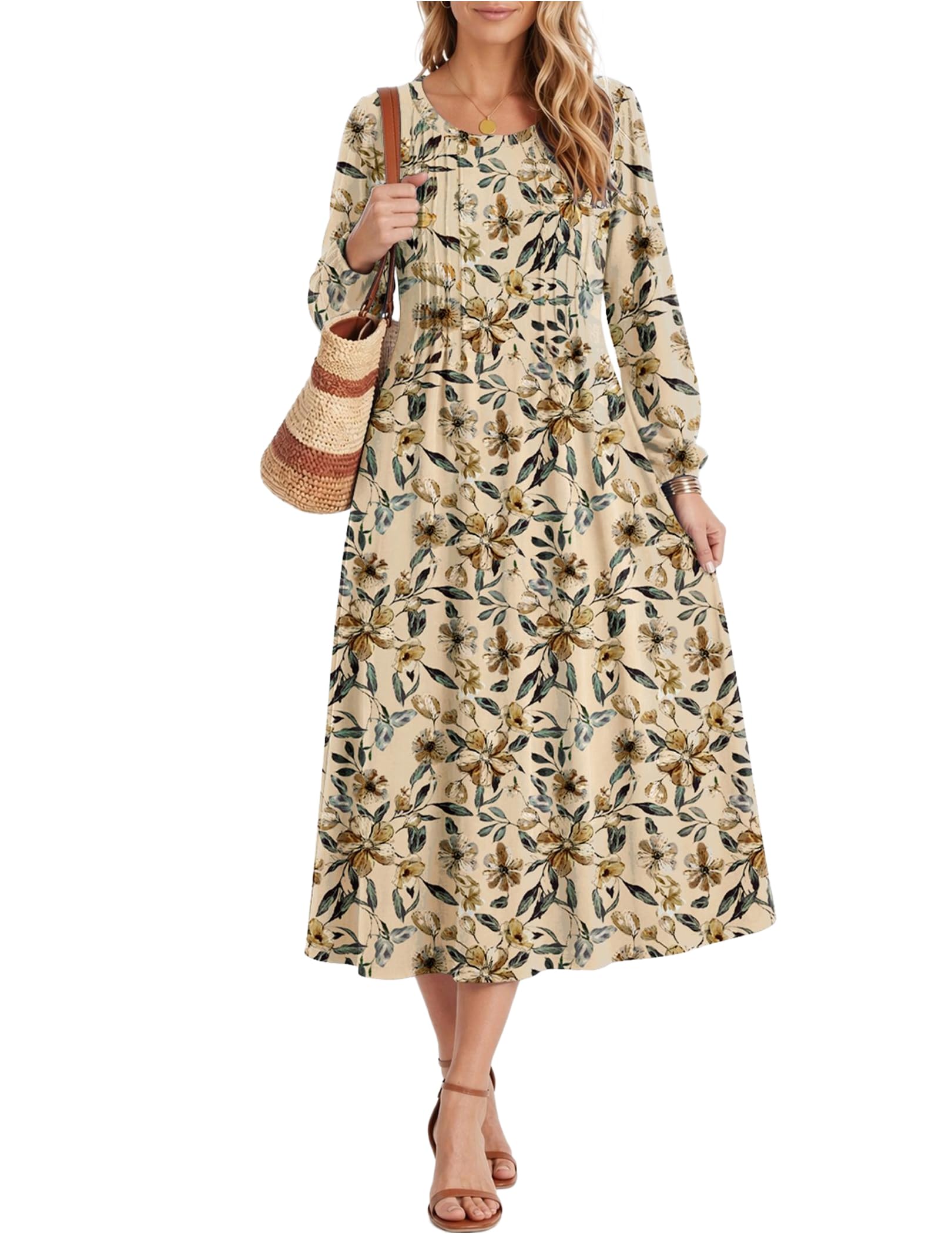 Zeagoo Fall Dresses for Women Long Sleeve Midi Dress Casual A Line Dresses 2026 Pleated Flare Dress with Pockets