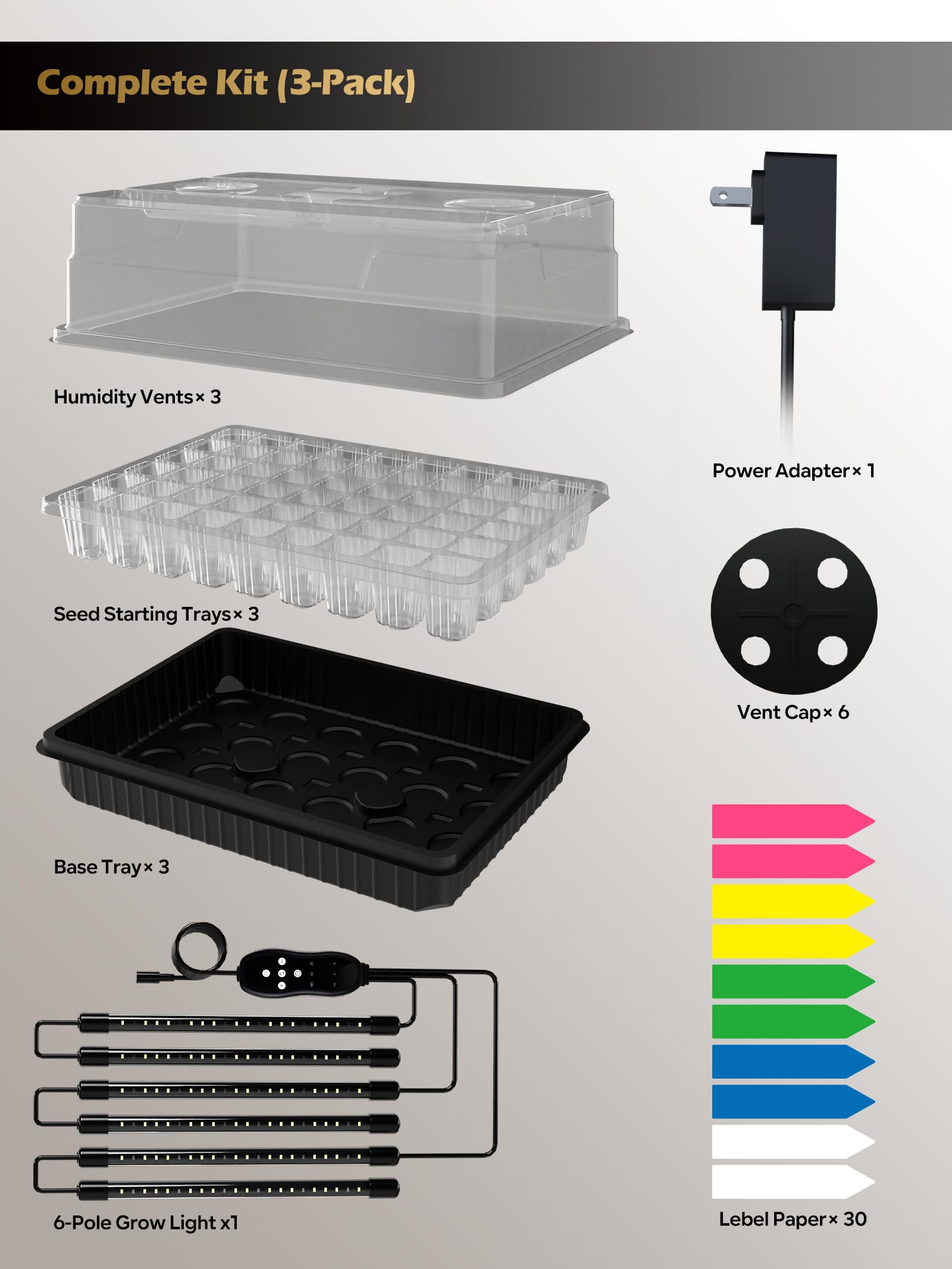 GLOWRIUM Bandeja de inicio de semillas con luz de crecimiento de espectro completo, kit de inicio de semillas de 54 celdas con cúpula de humedad, temporizador automático de 6 ajustes, brillo ajustable