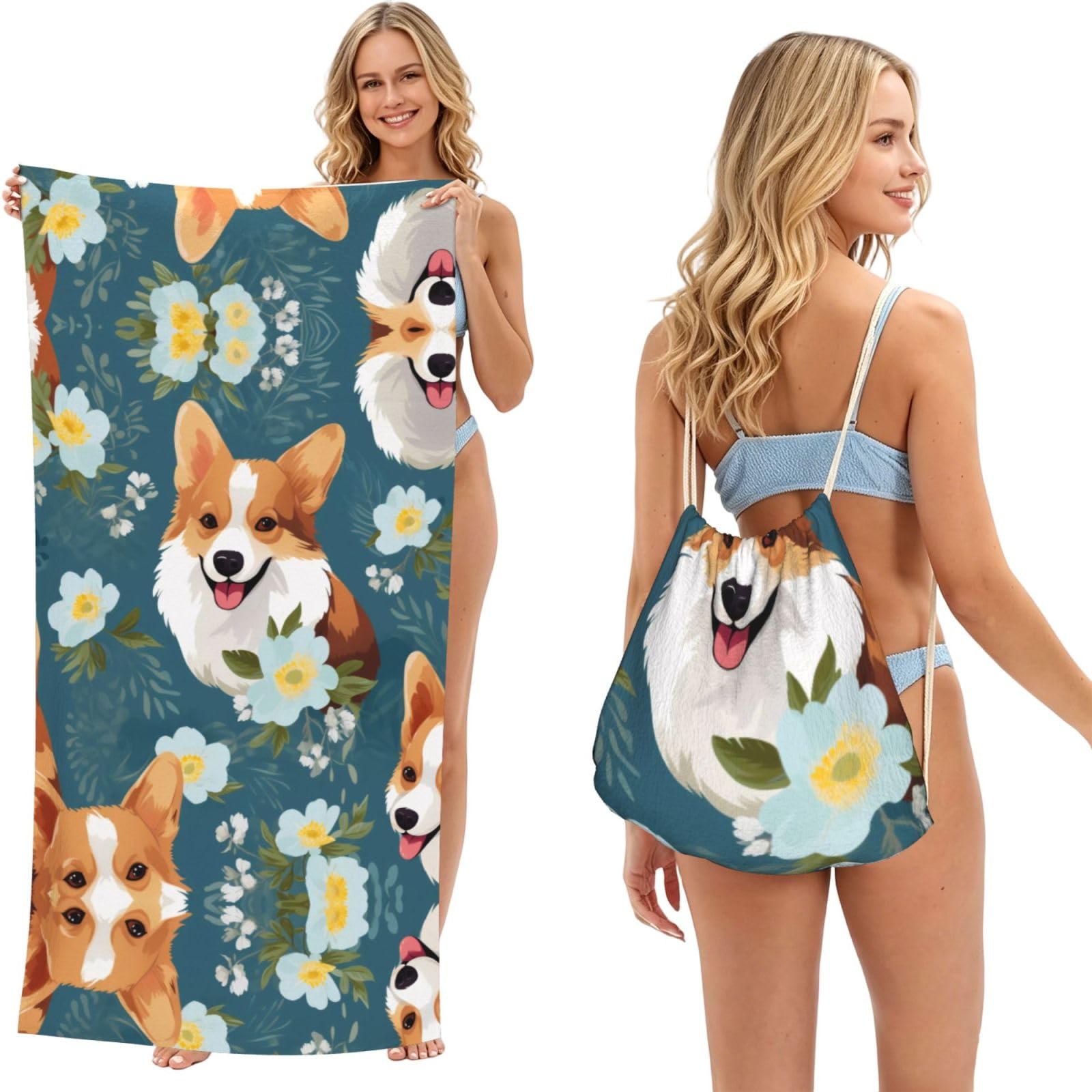 SXZVVBN Corgi On Blue Background 2-in-1 Beach Towel Bag, Quick Dry Sand Free Travel Towel Backpack for Adults