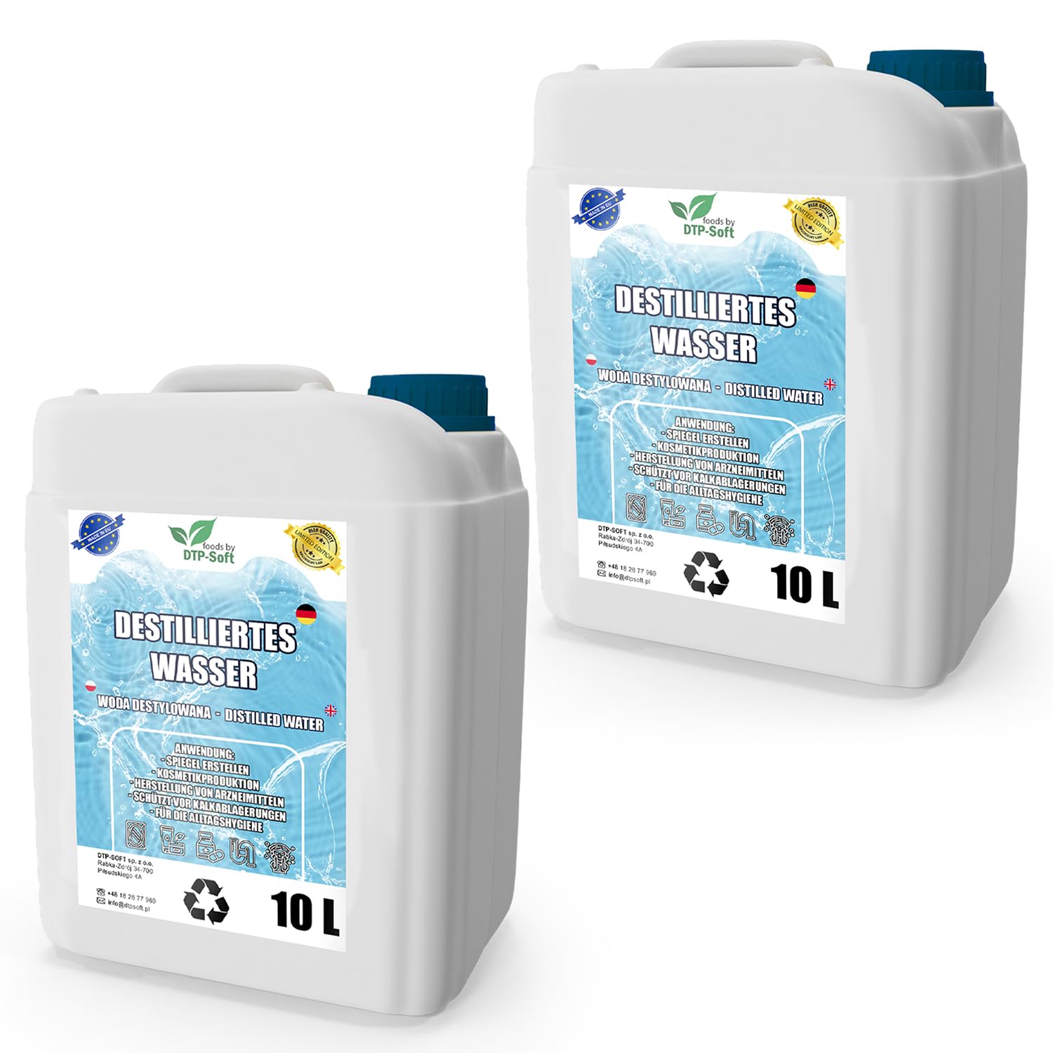 Agua destilada 100% pura 20L | Agua desmineralizada 2x10L – agua destilada apta para plancha, humidificador, baterías y mucho más
