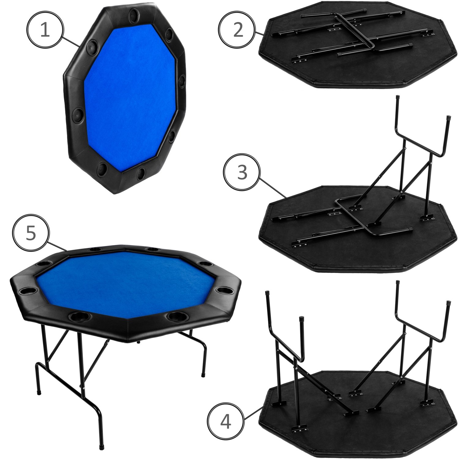 GAMES PLANET Faltbarer Pokertisch Flush 120x120 cm achteckig MDF gepolsterte Armauflage 8 Getränkehalter