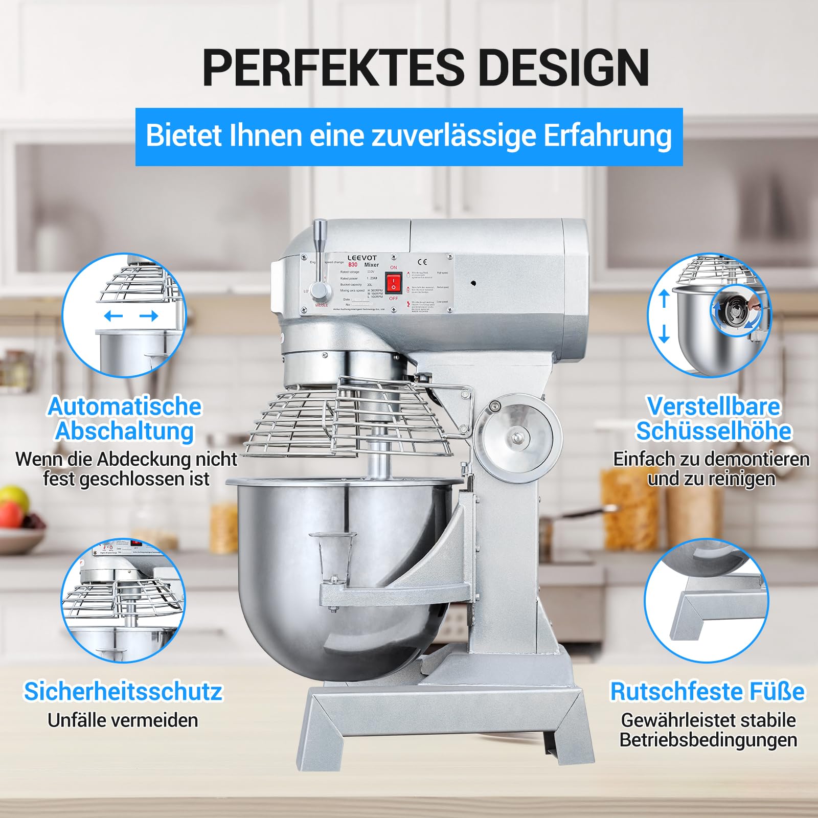 LEEVOT Impastatrice planetaria commerciale da 30L, impastatrice commerciale regolabile a 3 velocità da 1250W, impastatrice elettrica verticale per impieghi gravosi con vasca in acciaio inox per cucin