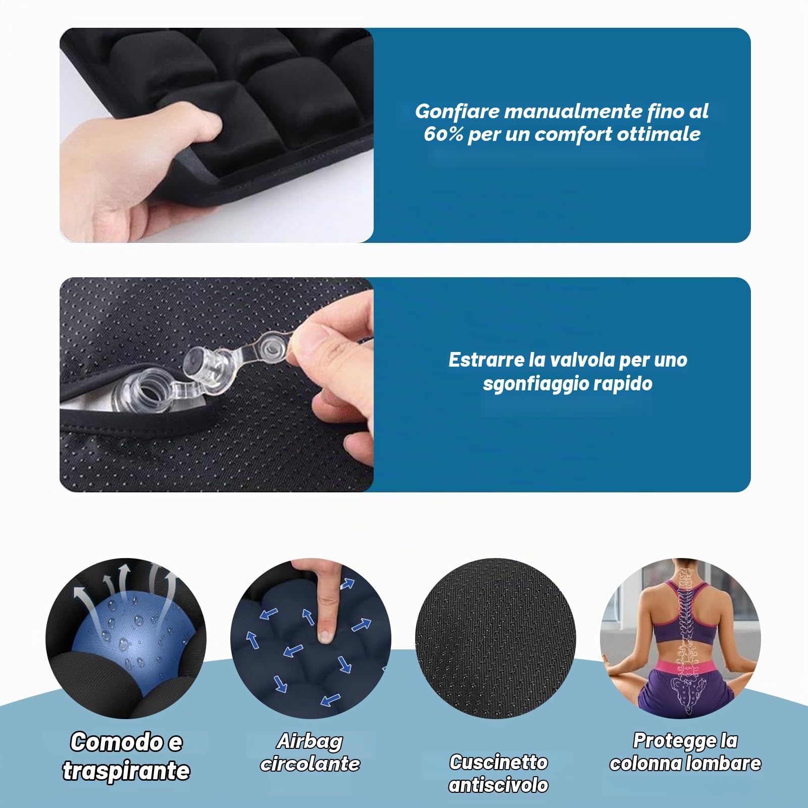 Cuscino Antidecubito, Cuscino per Sedia a Rotelle Gonfiabile con Celle d'Aria 3D per Sollievo da Pressione e Dolore, per Ufficio, Auto, Poltrona, Viaggio (45x40cm, Nero)
