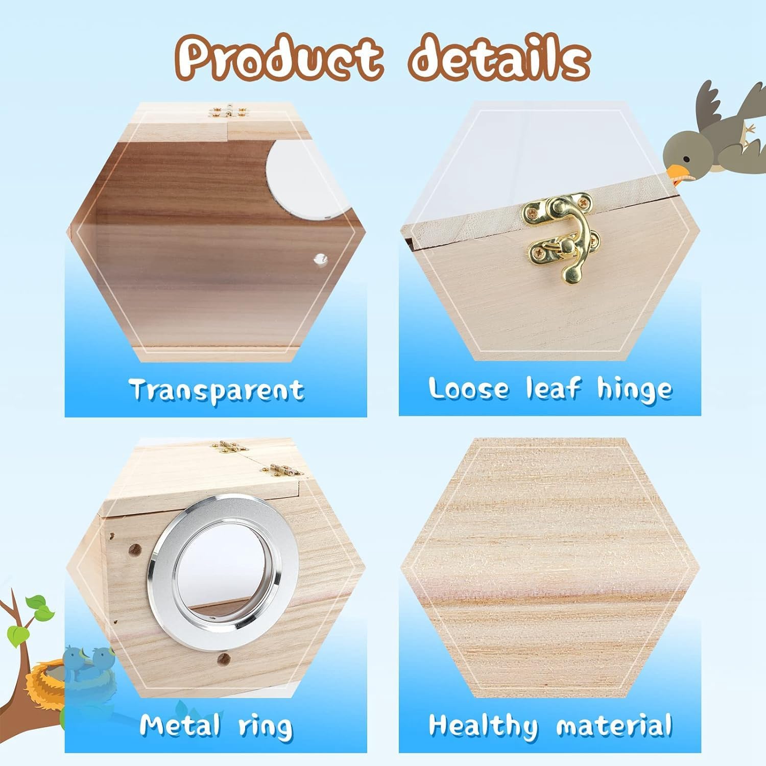 Loufy Nichoir en bois transparent pour perroquet, perruche, calopsitte, inséparable, 1 pièce