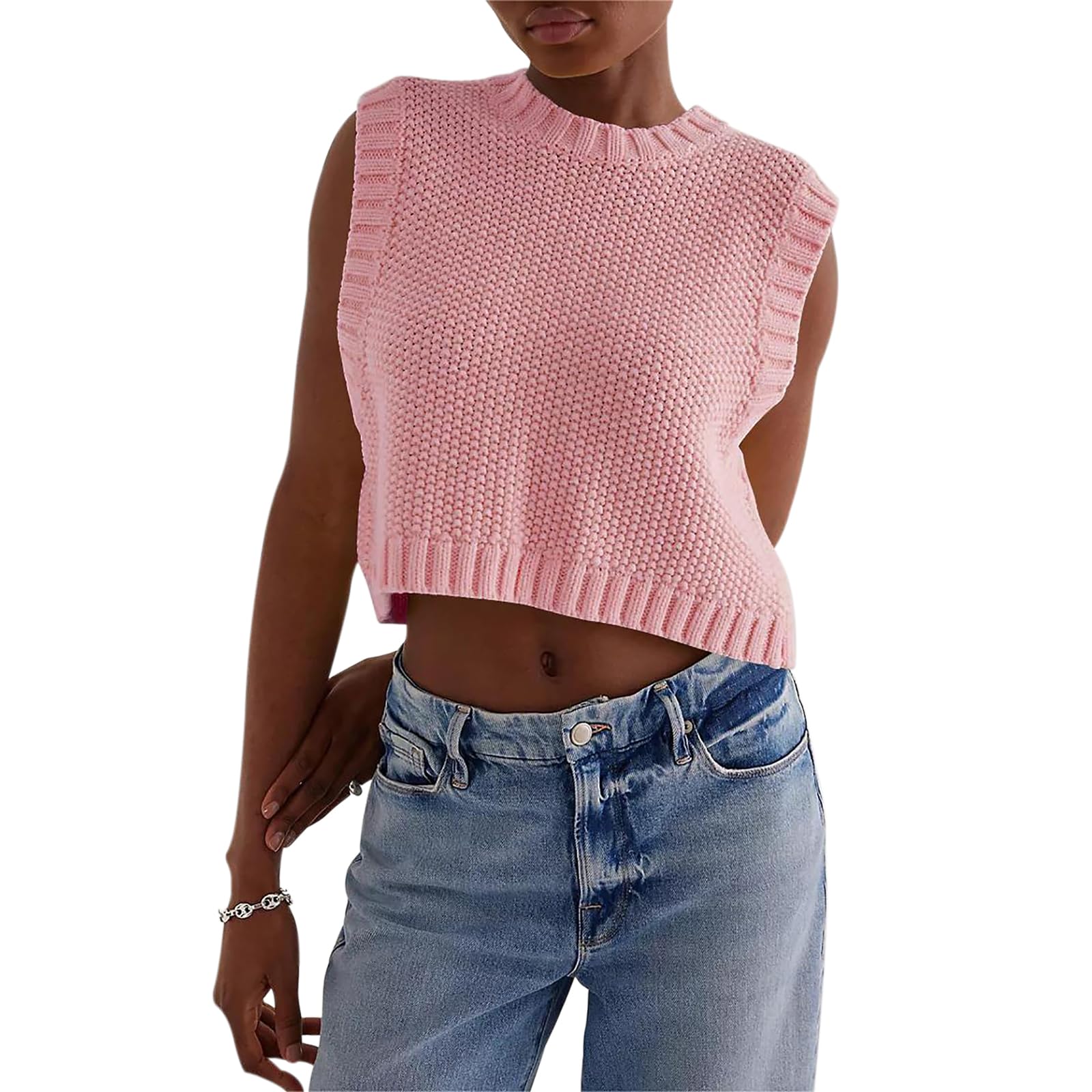 Women’s Open Back Knit Vest Casual Sleeveless Backless Tie Up Loose Tank Tops Crochet Crewneck Sweater Vest Y2K Streetwear (Pink, m)