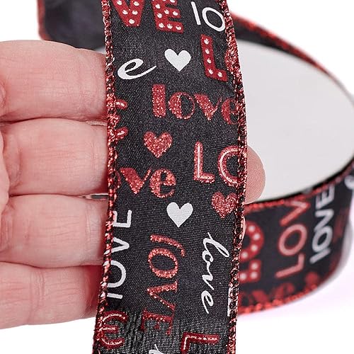Miniatura 2 de Factory Direct Craft - Cinta de satén con borde con alambre de color negro y rojo para el día de San Valentín cinta de amor con purpurina para