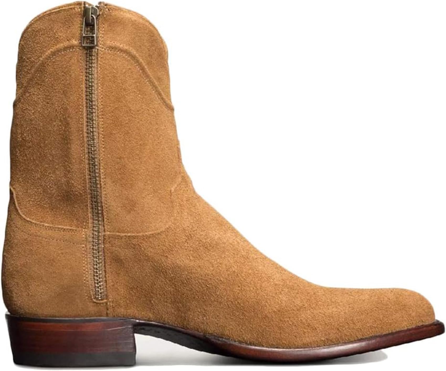 DJFOG Men's Biker Knight Boots Suede Short Boots Round Toe Riding Shoes Vintage Western Cowboy Style Large Side Zipper Shoes