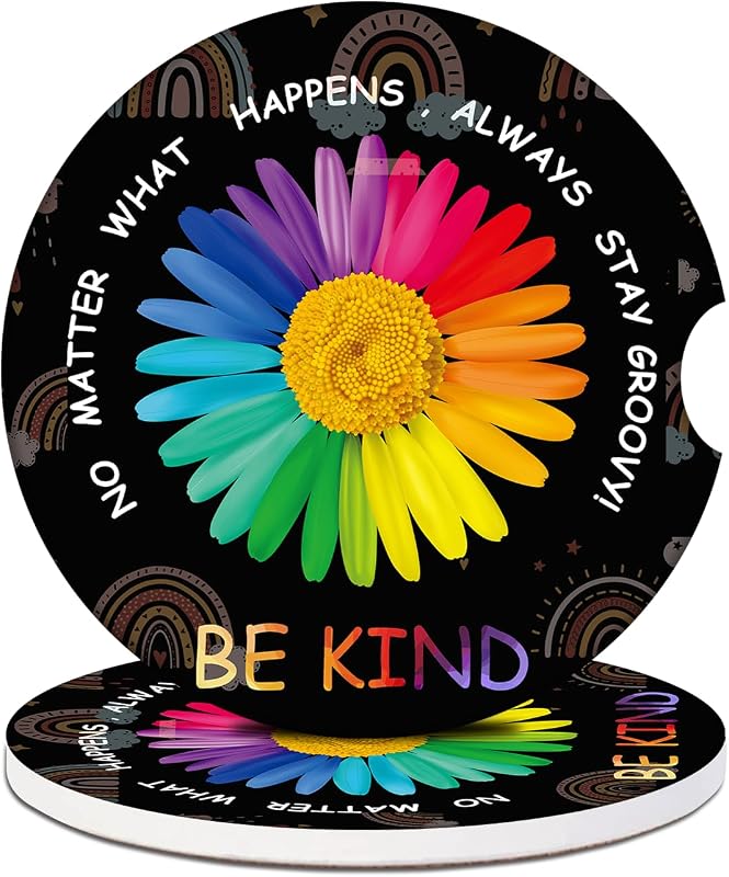 Kit com 2 Porta-Copos para Carro em Cerâmica Rainbow Be Kind Flower com Base de Cortiça KEATOU