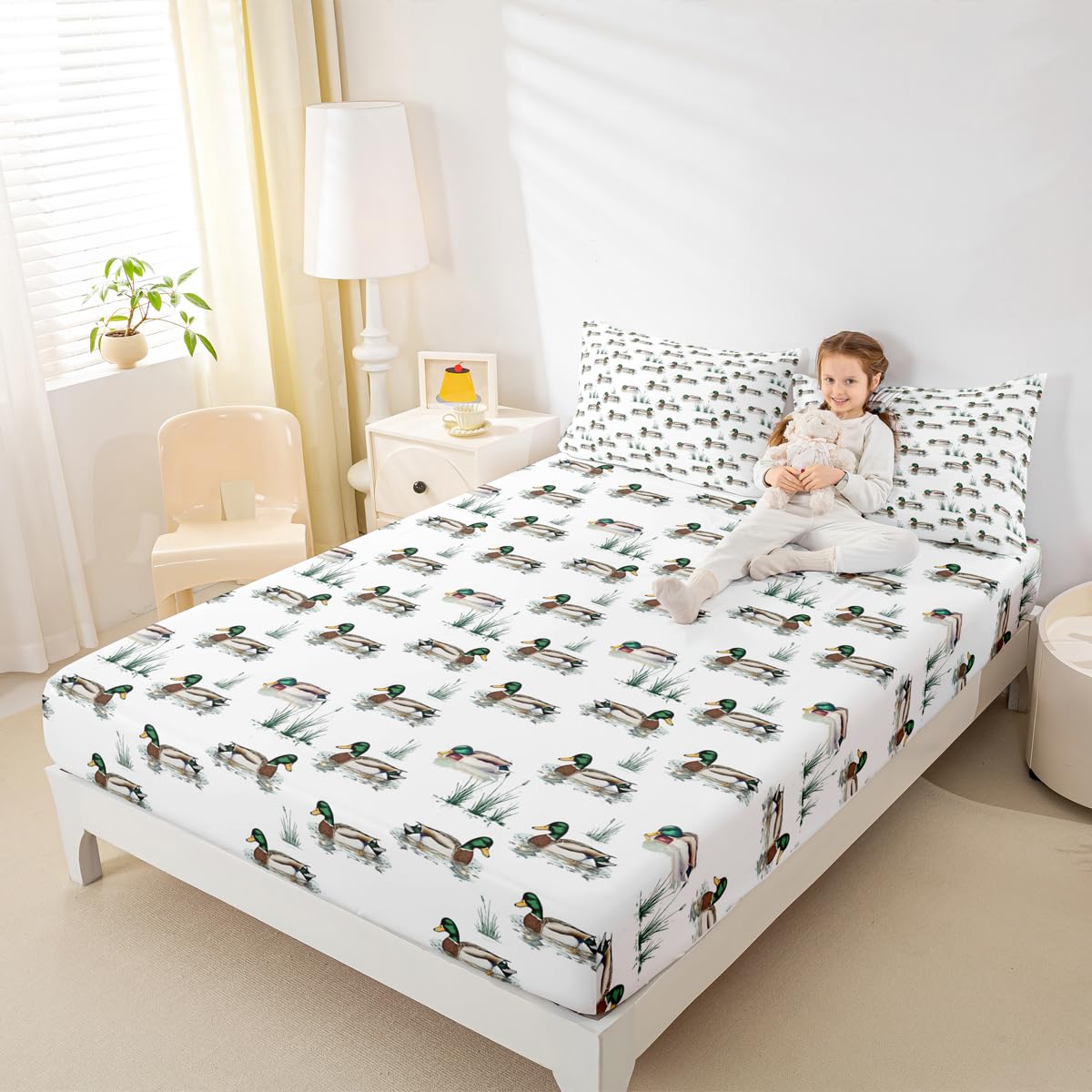 Homewish Juego de ropa de cama tamaño King con diseño de patos salvajes y caza, safari, botánico, natural, rústico, para niños y adultos, color blanco y verde, ropa de cama cálida y suave, 3 piezas
