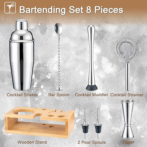 Miniatura 2 de BRIOUT Juego de coctelera de 8 piezas, incluye soporte para Martini Shaker Jigger Strainer Muddler Mixer Spoon Verter, accesorios de bar para el