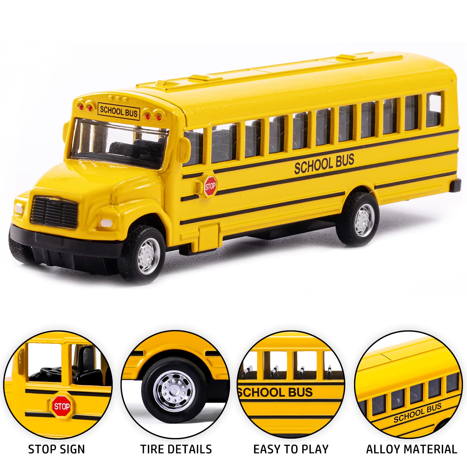 Paquete de 2 juegos de autobús escolar de 5.5 pulgadas, vehículos de juguete de metal fundido a presión con amarillo para niños pequeños 4