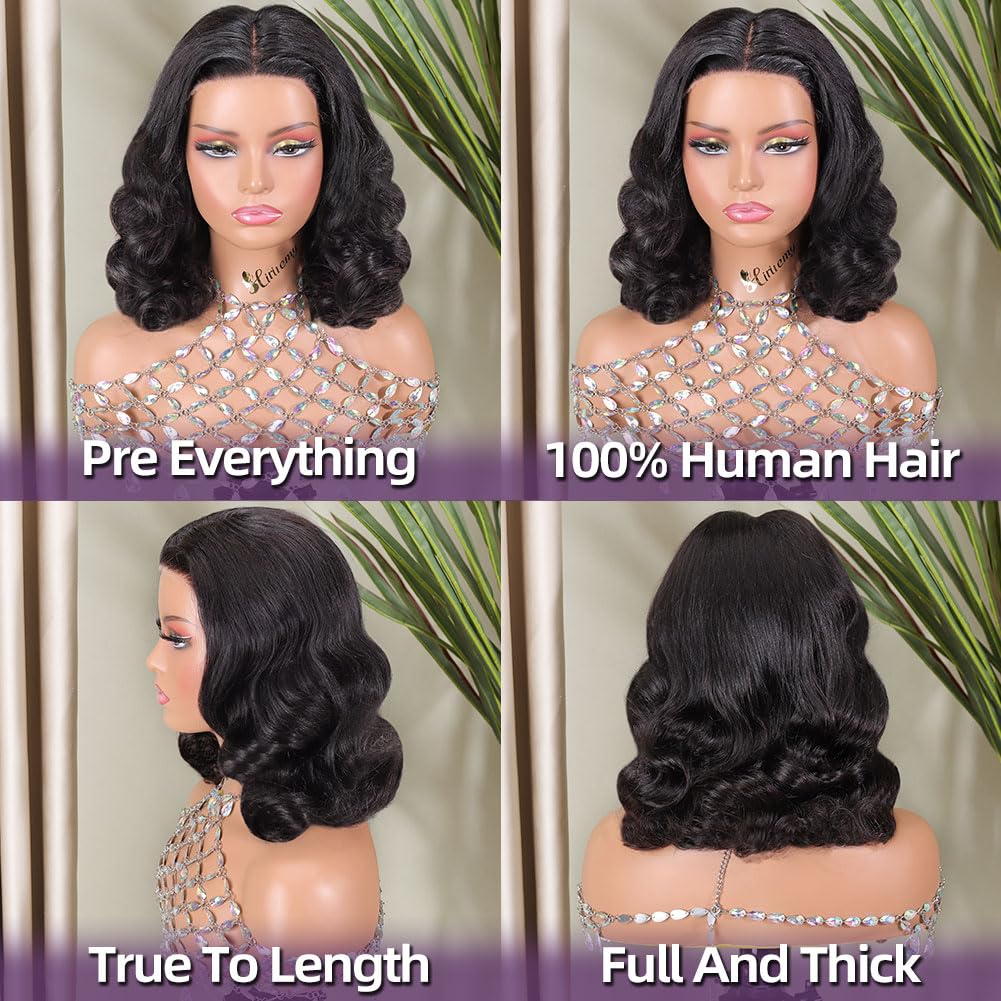 Drawstring 5x5 HD Lace Front Closure Body Wave Bob Wig Human Hair 14 Inch 1B Black