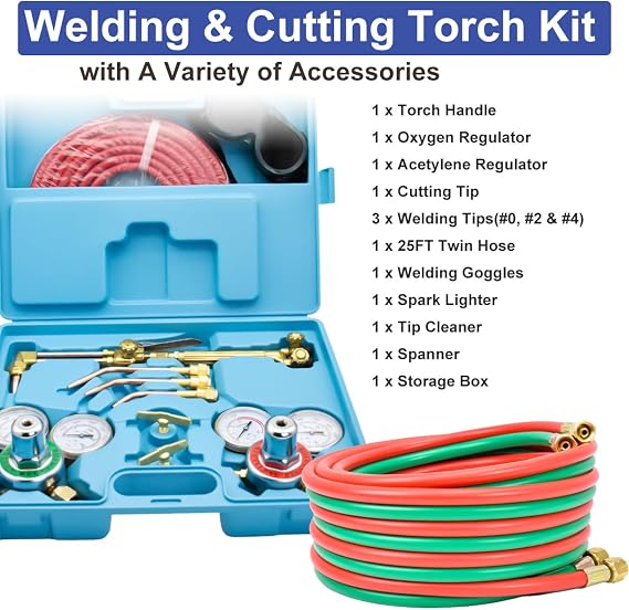 Oxy Acetylene Torch Kit, Gas Cutting Torch Set Medium Duty Cutting Torch and Welding Brazing Torch Kit with 25FT Dual Gas Hose,GGA510 CGA540 Gas Regulator,Storage Case