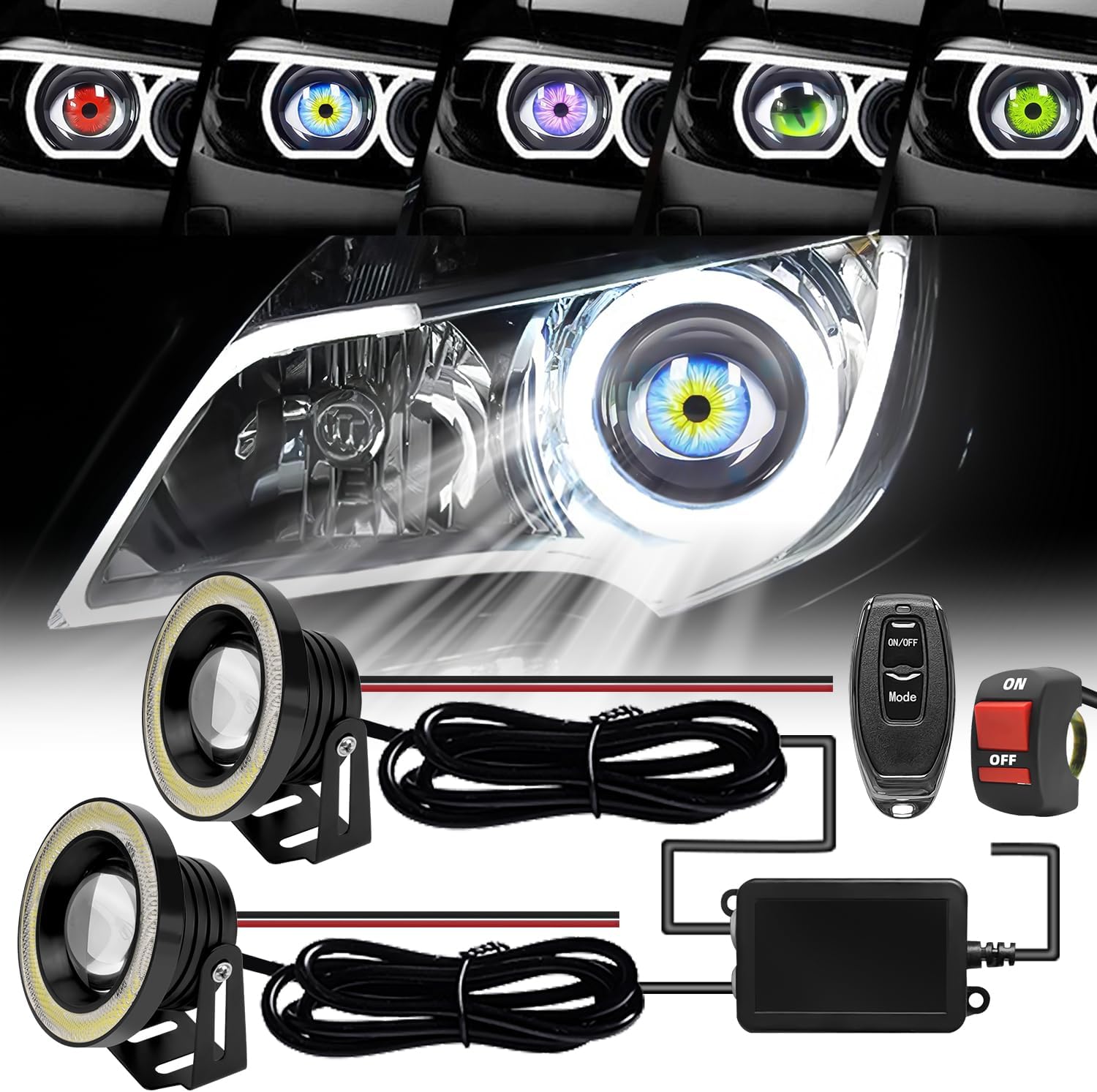 Upgraded Additional Installation Devil Eyes with Decorative Function Bright Circular Halo Animated, 2PCS Decorative Lights for Car and Motorcycles, 6 Animated Patterns