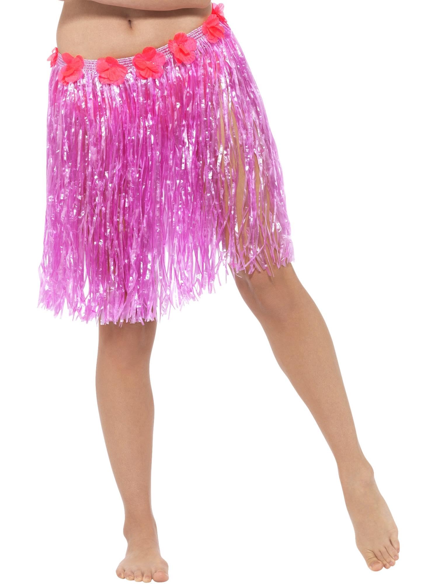 Smiffys Hawaiian Hula Skirt with Flowers, Neon Pink with Velcro Fastening & Adjustable Waist Band, Hawaiian Luau Fancy Dress, Hawaiian Dress Up Accessories