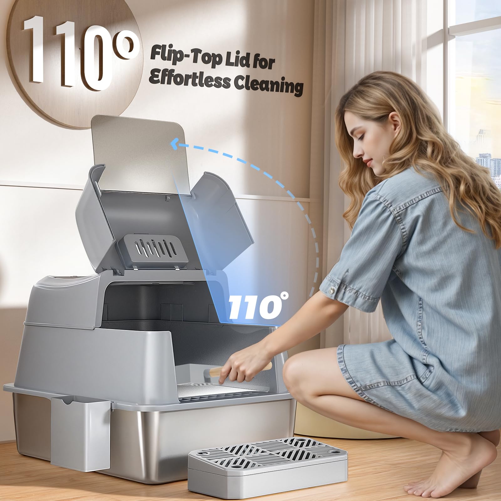 Edelstahl Katzenklo mit Deckel, 40L Große Kapazität 110° Flip-Cover Design | XXL Metall Geschlossen Katzentoilette aus Edelstahl mit Schaufel und Fußpedal, Hoher Rand, Auslaufsicher und Leicht Reinigen