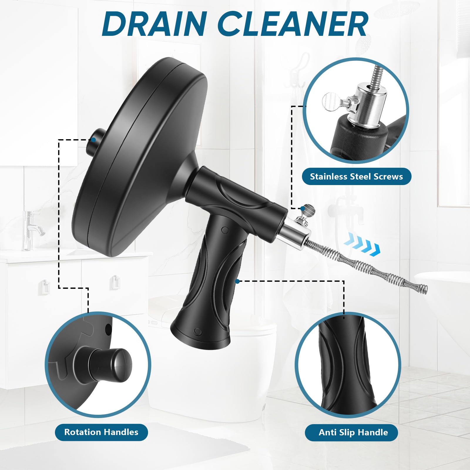 UNRMP 33 Ft Drain Snake Auger, Heavy Duty Plumbing Snake for Toilet, Sink, Tub, Shower, Clog Remover Drain Cleaner Tool with Gloves, Reusable Drain Auger for Household Clogs - 3