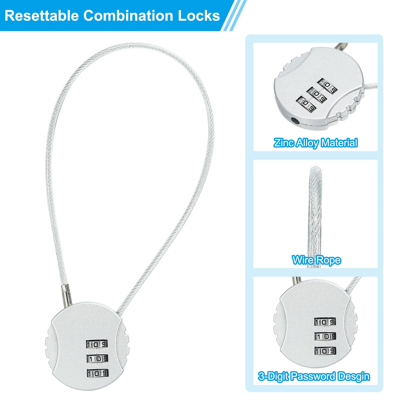 PATIKIL 2 Pack 3 Digit Combination Lock,Round Helmet Padlock Cable Lock Gym Locker Lock with 0.98Ft Flexible Security Steel Lock Wire for Bike Locker Travel Luggage, Silver - Image 3
