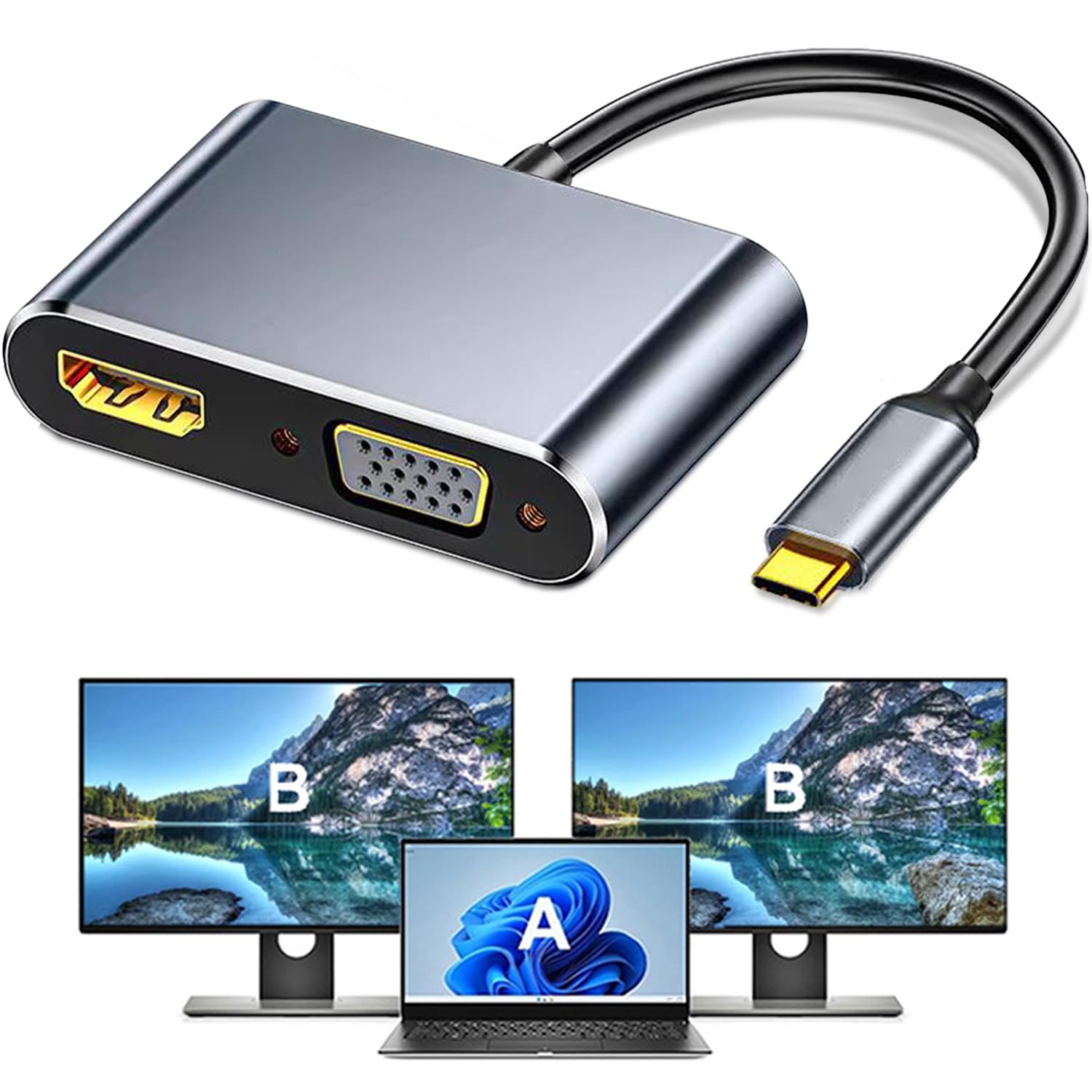 AKWOR USB C to HDMI+VGA Adapter for Dual Monitor, USB C to VGA, Type C to HDMI 2 in 1, 4K UHD Graphic Video Converter Compatible with MacBook, XPS,