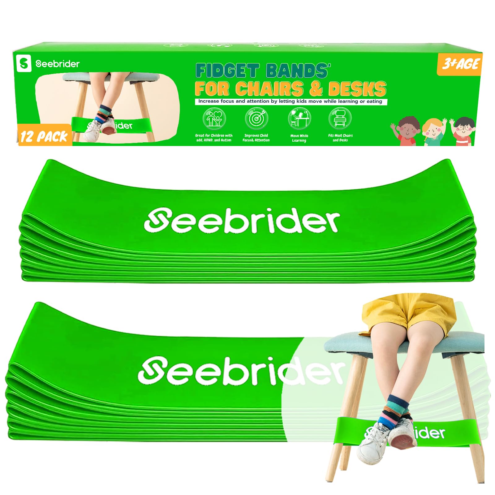 Chair Bands for Kids with Fidgety Feet, 12 PCS Fidget Kickbands (Green)