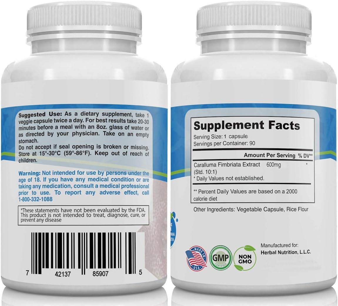 Herbal Nutrition Caralluma Fimbriata 180 Capsules Two Bottle Pack Maximum Strength 10:1 Extract Ratio 1200mg All-Natural Diet, Energy, Endurance and Weight Management Supplement