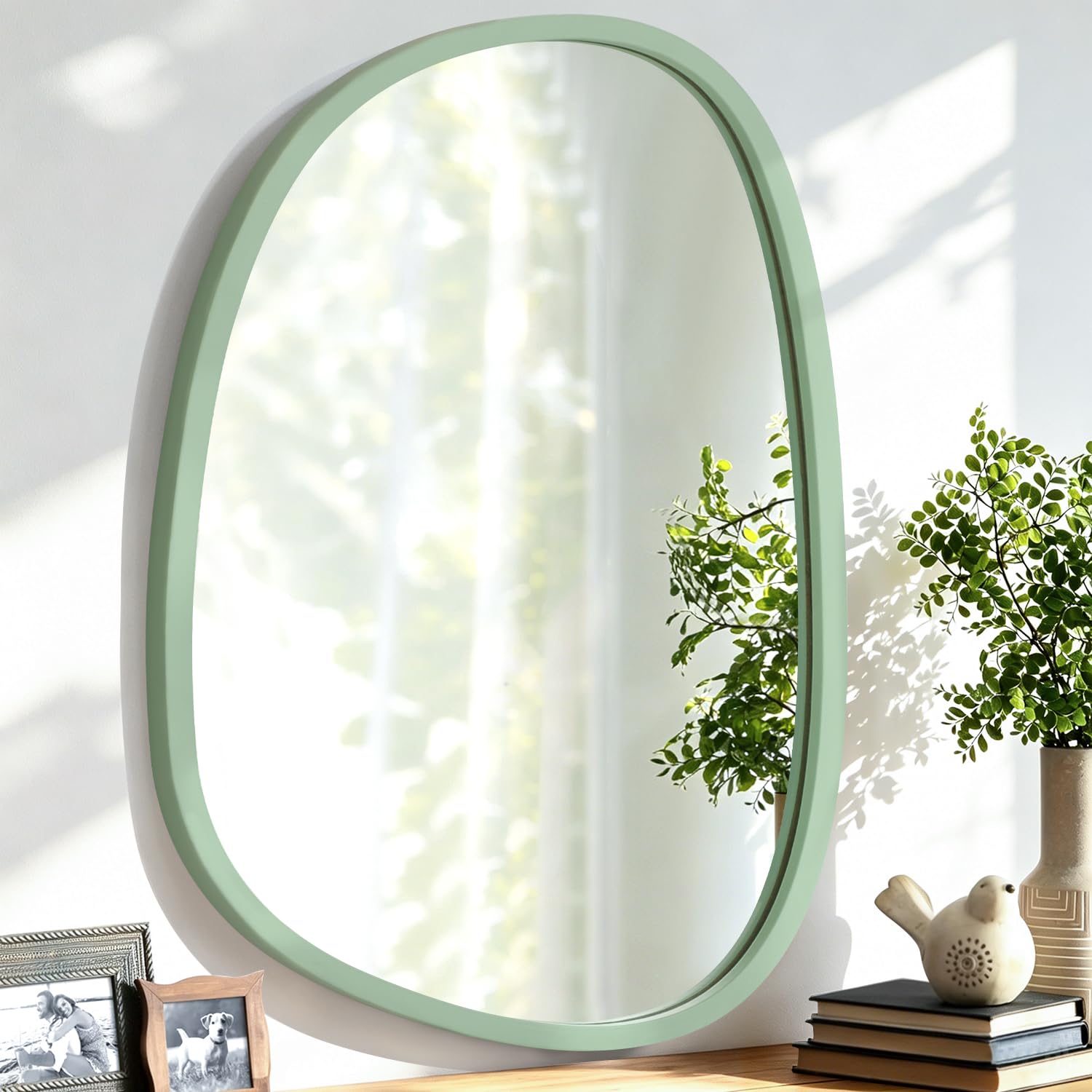 Lzuso Wooden Framed Irregular Mirror for Wall Modern Artistic Asymmetrical Mirror Unique Shape Oval Hanging Wall Mirror Decor Bathroom Vanity Bedroom Living Room Entryway Hallway Small