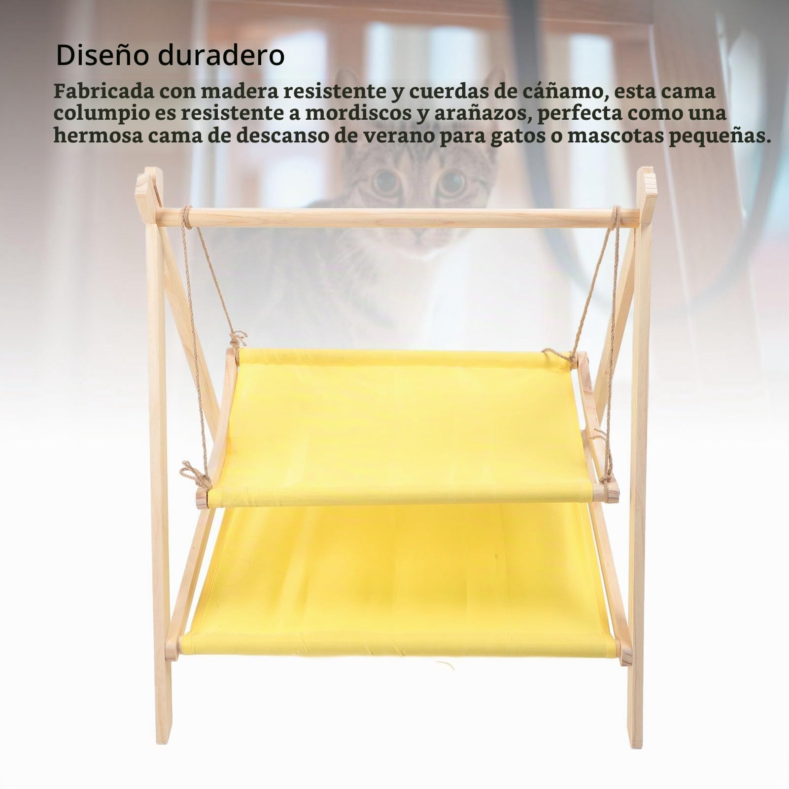 Cama Hamaca con Columpio para Gatos, Cama Elevada para Gatos de 2 Capas con Marco de Madera, Soporte de Carga Fuerte, Resistente a los Arañazos, Juguetes de Columpio para