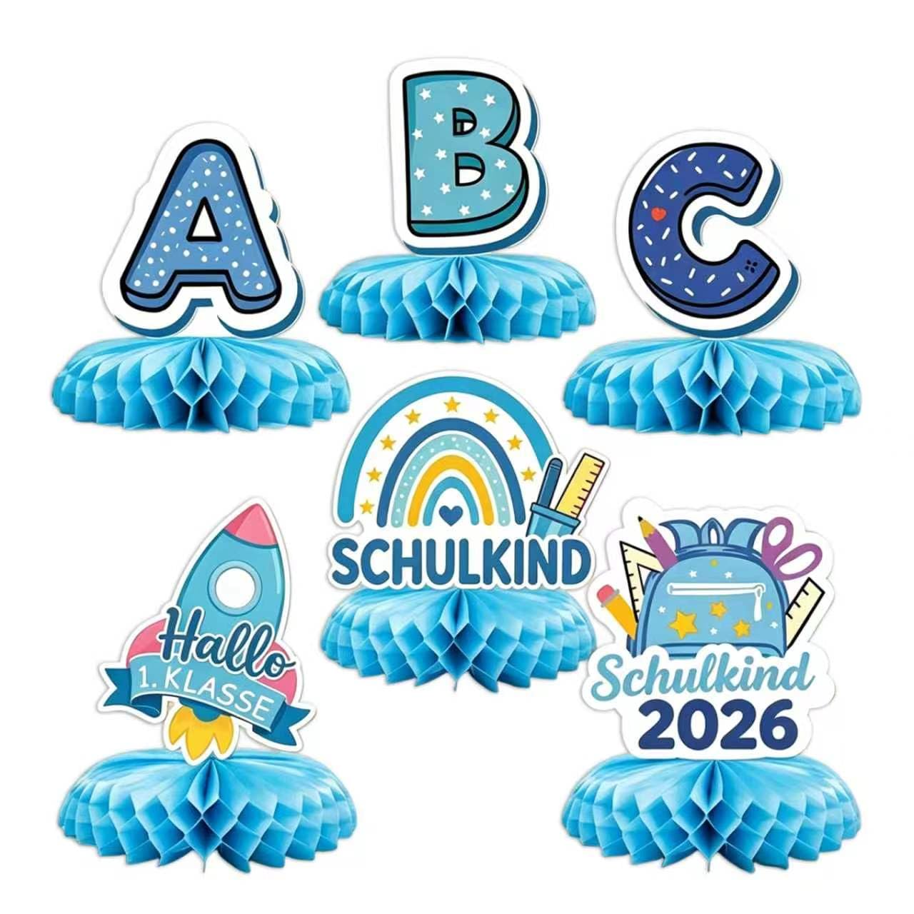 6 Stück Einschulung Deko Wabenaufsteller - Tischdeko mit Rakete, ABC Buchstaben & Schulranzen, Regenbogen Schulanfang Dekoration Set für Schulstart Party